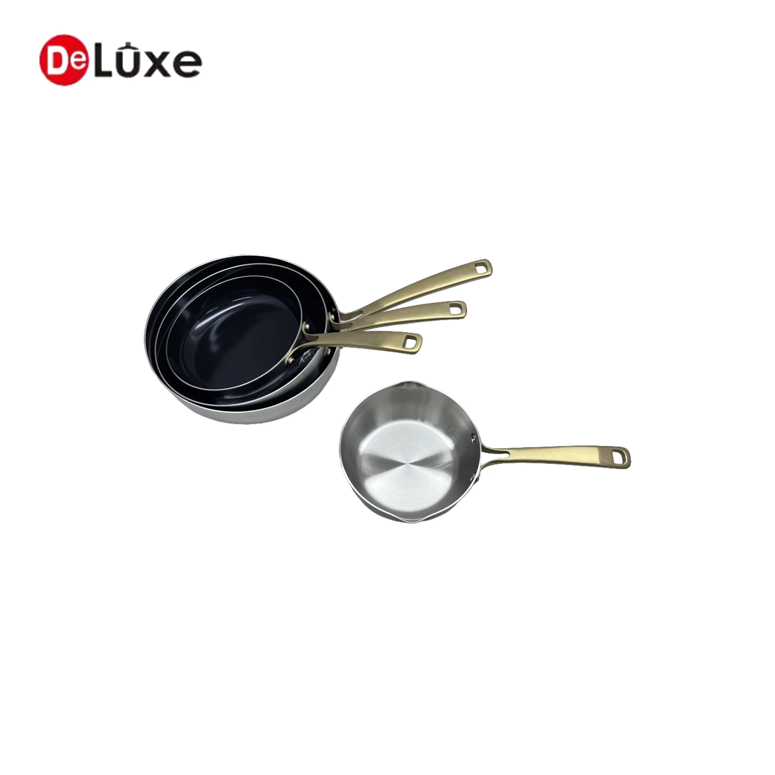 Stackable composite stainless steel frying pan collection, space-saving design, champagne gold hollow cast steel handles, non-stick and stainless interior available