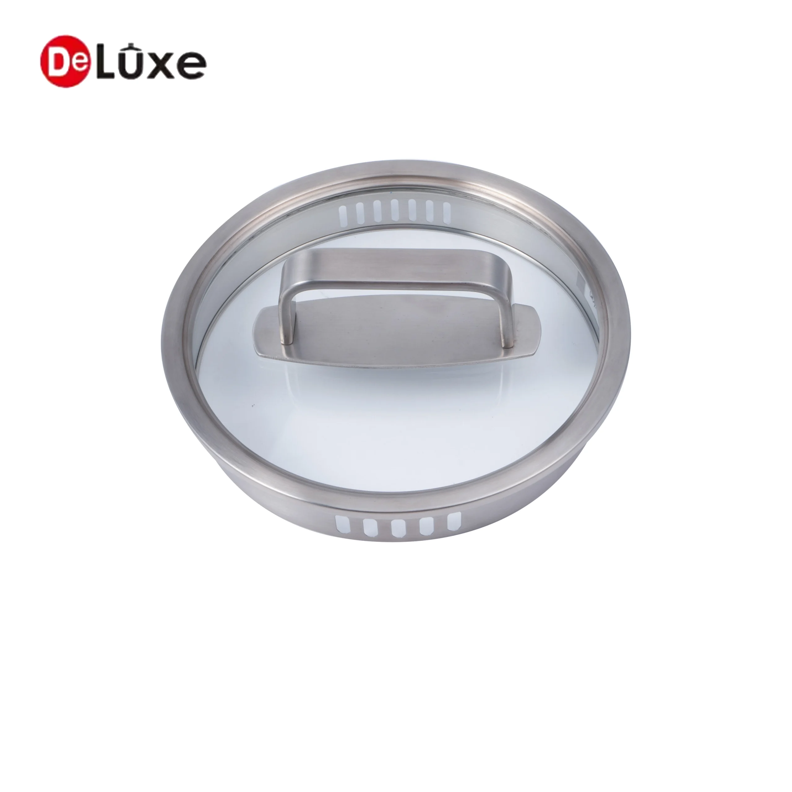 High-grade combination cover with stainless steel rim and tempered glass, matching all pots in the stock pot set
