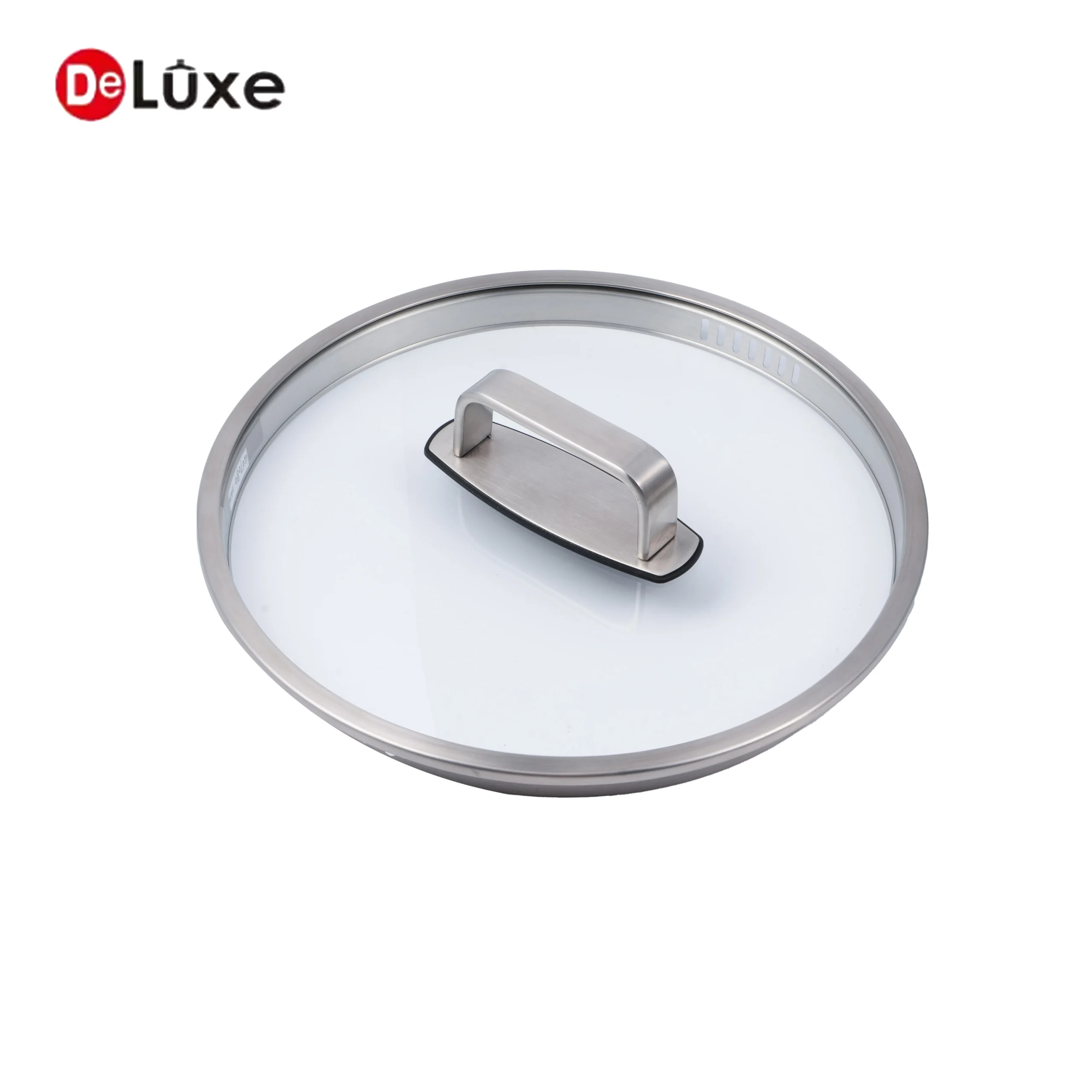 Top-down view of stainless steel rim tempered glass combination lid with cast steel knob for stock pot set