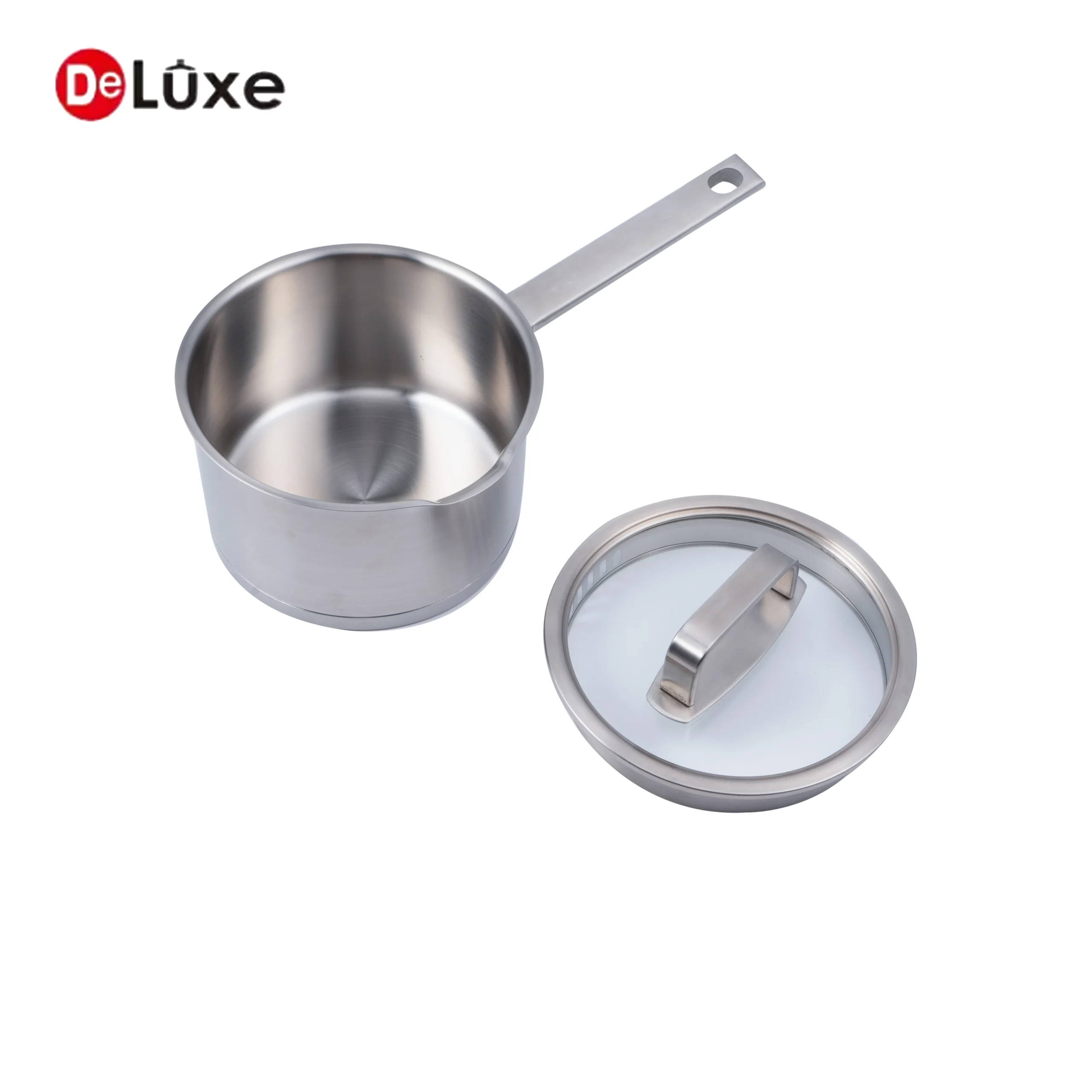Stainless steel single handle saucepan with dual side pouring spouts and matching stainless rim combination glass lid
