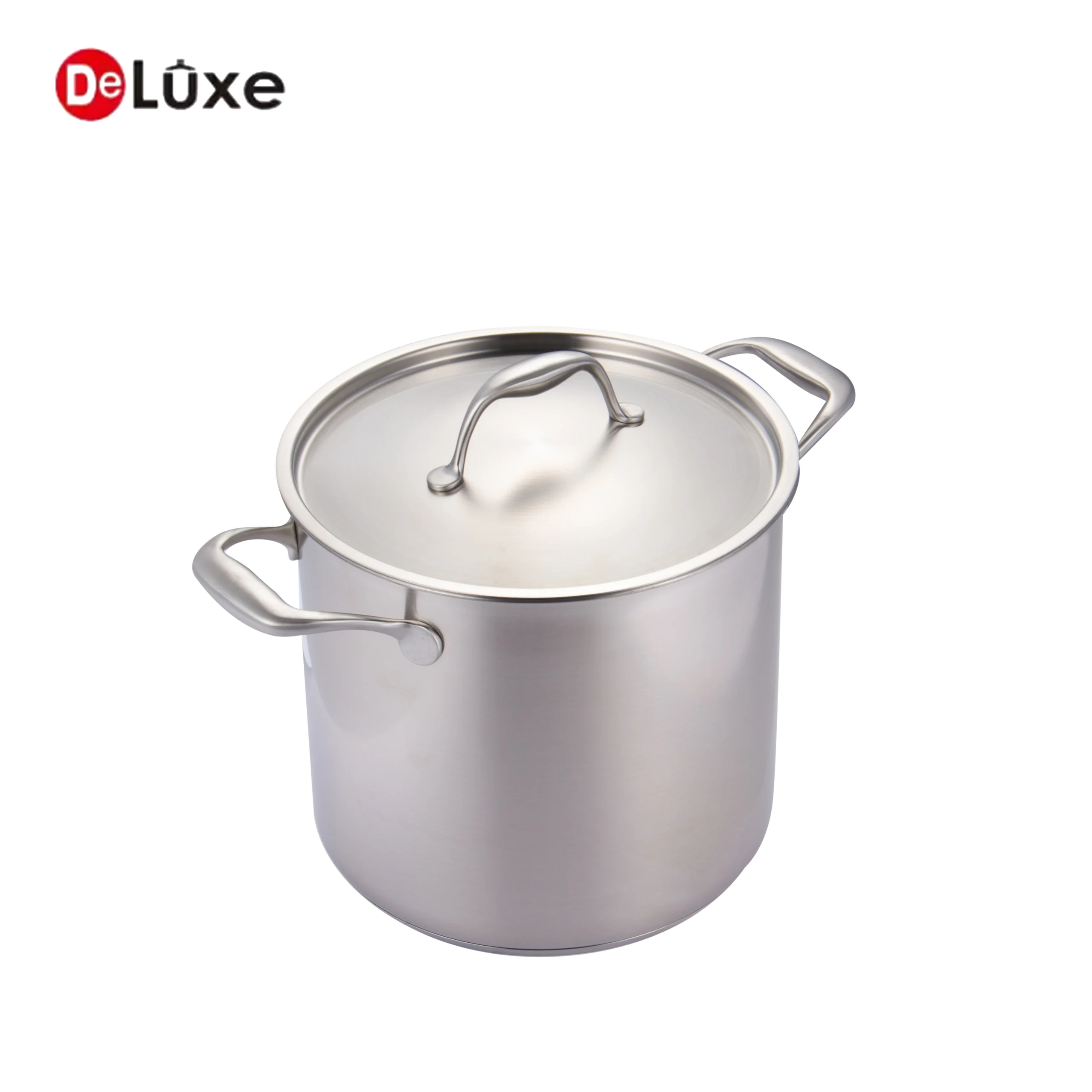 Tall deep SS304 stock pot for bone broth and large soup batches, hollow heat-insulated cast steel double handles with matching tight stainless steel lid, composite induction base