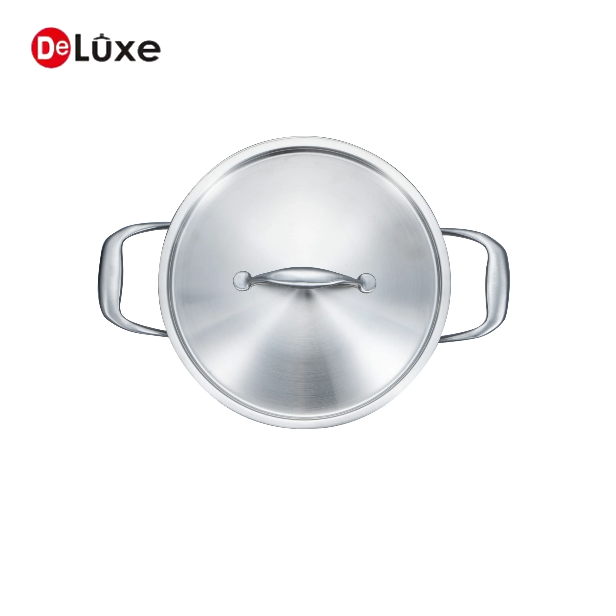 Top-down view of empty tall straight stock pot with double hollow cast steel handles, smooth flat composite induction base