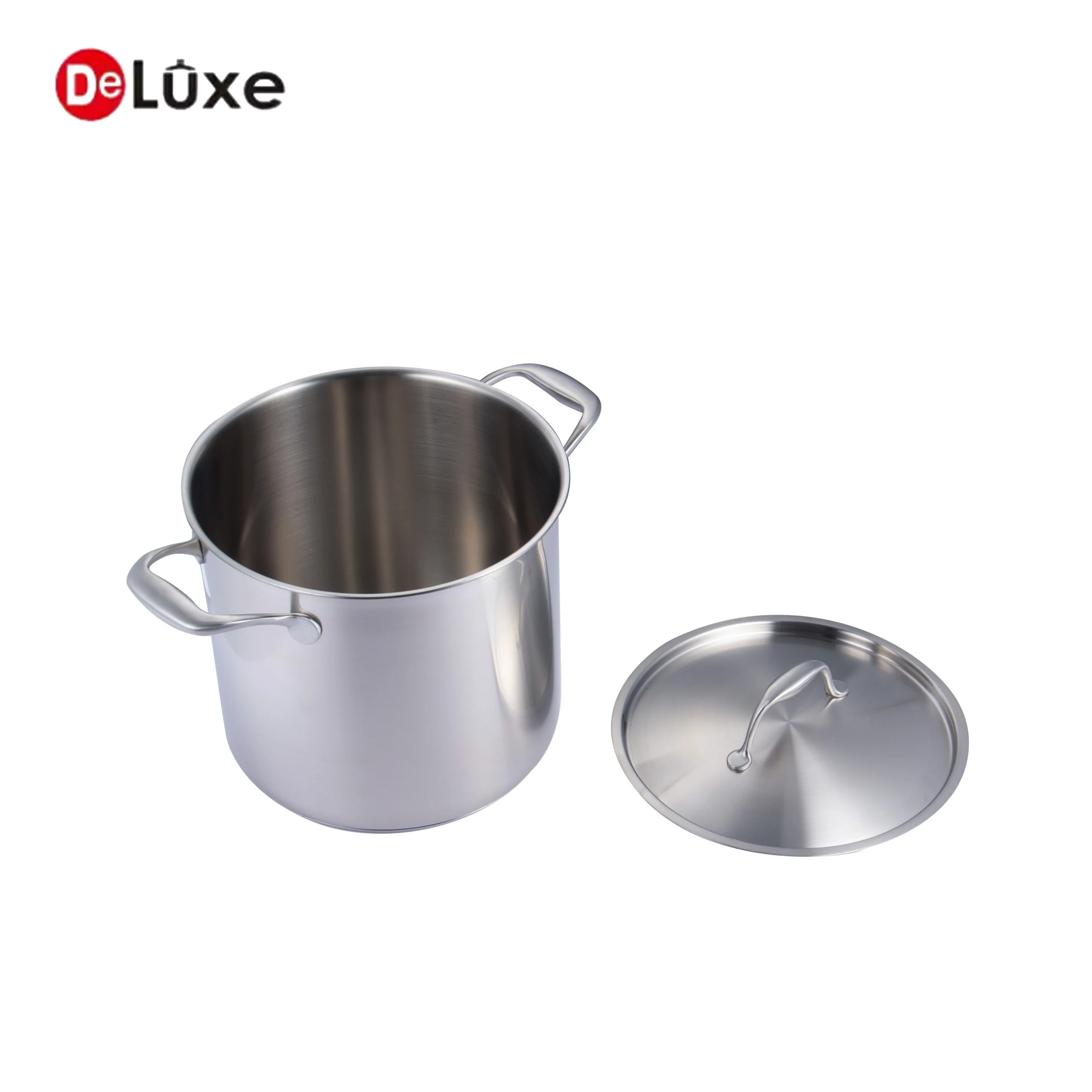 Empty tall straight stainless stock pot with hollow double handles, matching solid stainless steel lid placed aside, extra deep capacity for stew & broth