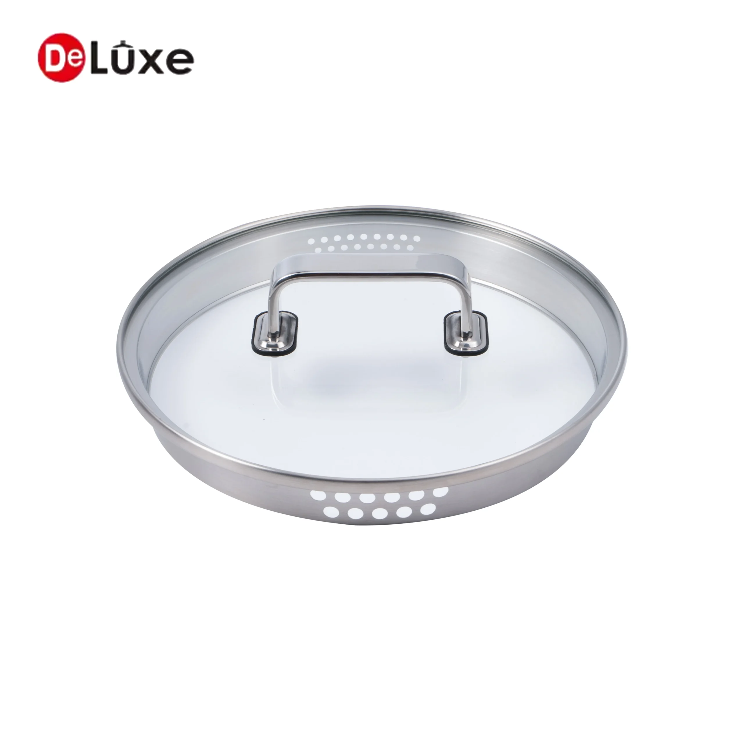 Transparent tempered glass lid with cast steel knob, matching all slightly tilted cookware pieces in the set