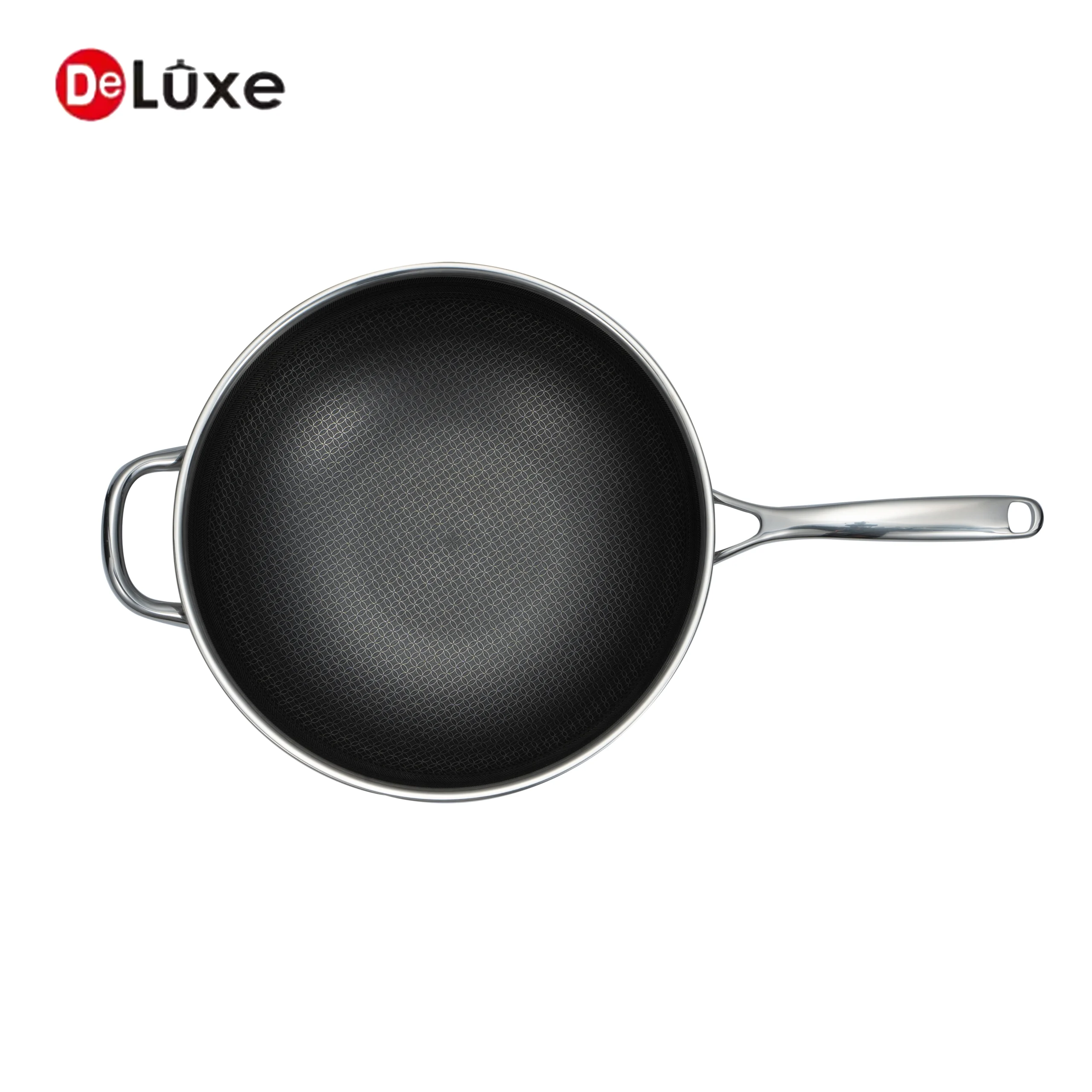 Top view Deluxe etched honeycomb non-stick wok, composite ferrous stainless steel body