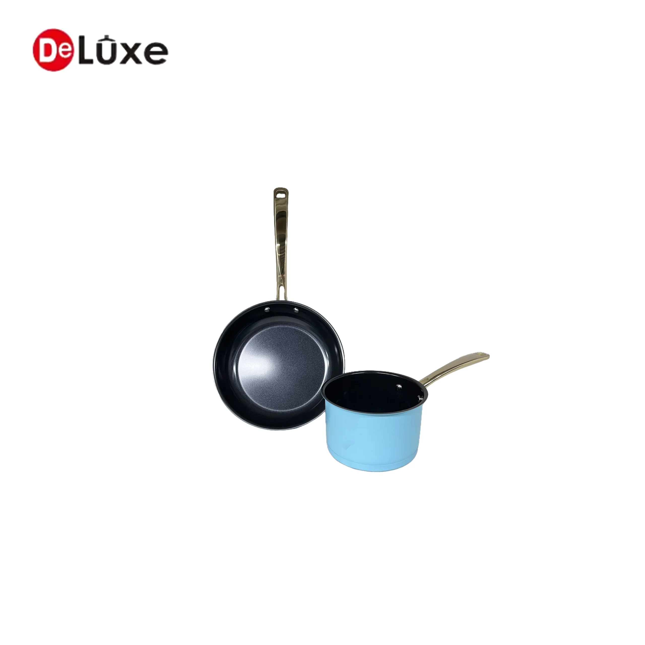 Two-piece combo of blue coated non-stick saucepan and sloped frying pan, 304 stainless steel with hollow cast steel handles