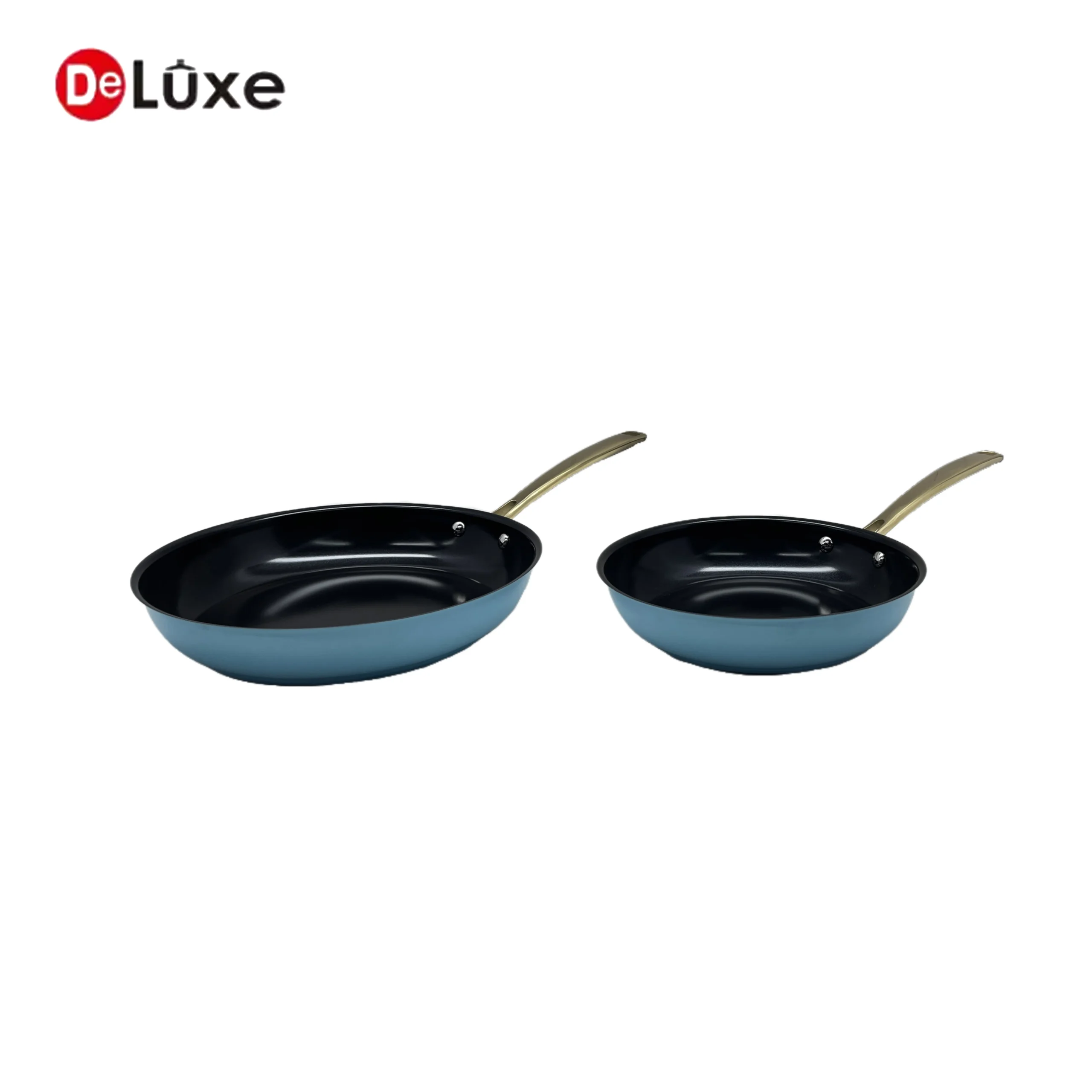 2 sizes blue exterior non-stick stainless steel frying pans with hollow cast steel handles, 24cm & 28cm sloped skillets compatible with gas and induction cooktops