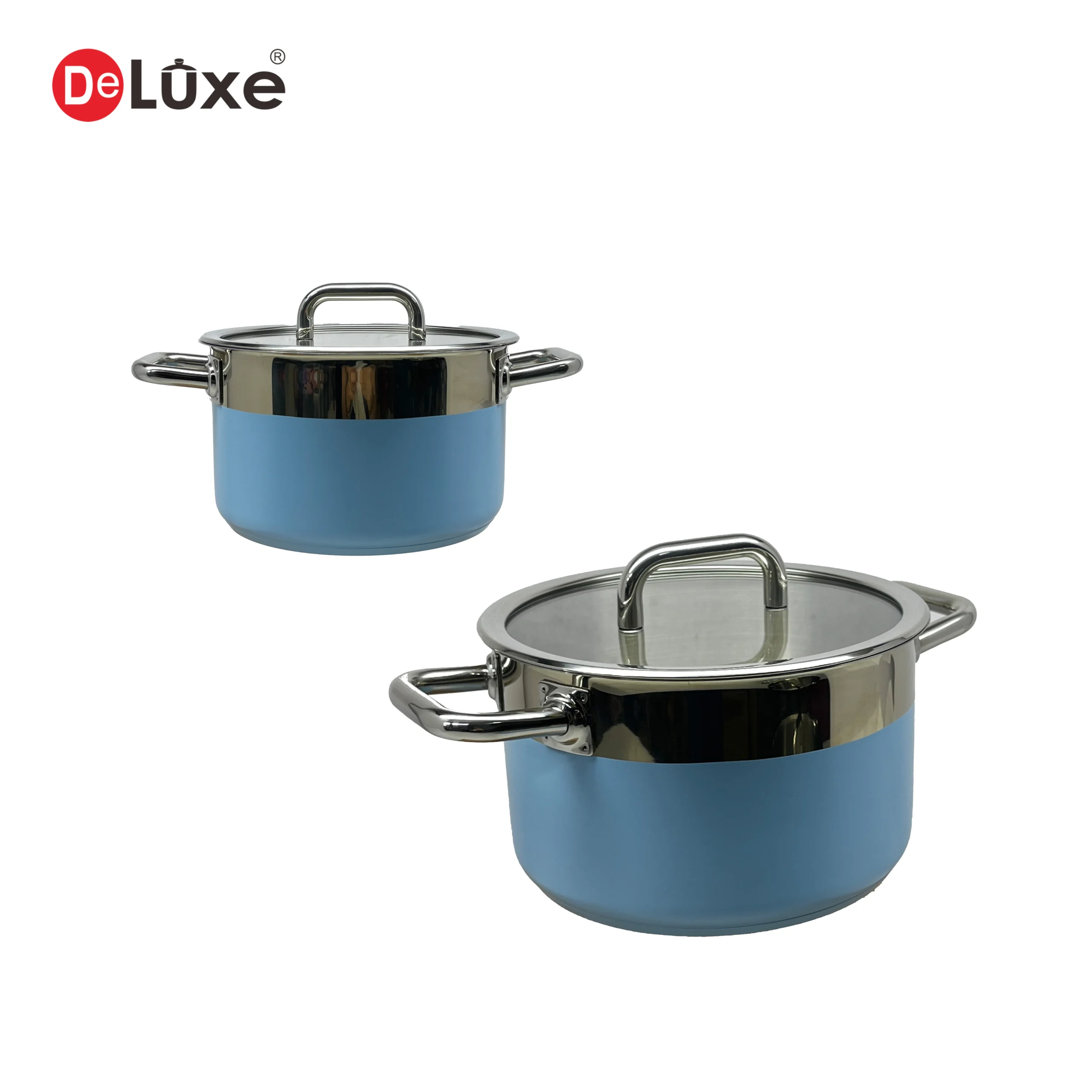 Two sizes blue mirror polished double handle stock pots combo, ocean style stainless steel cookware