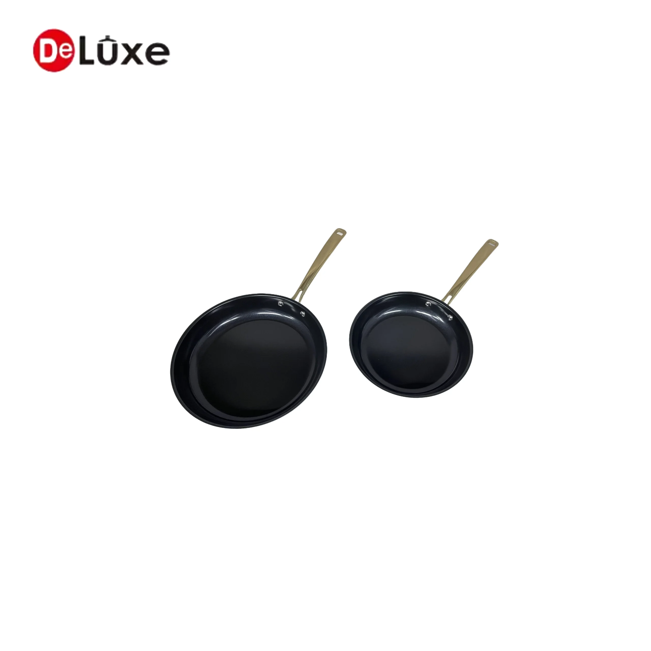 Stackable two-size blue coated non-stick frying pans, sloped deep pan design with hollow cast steel handles