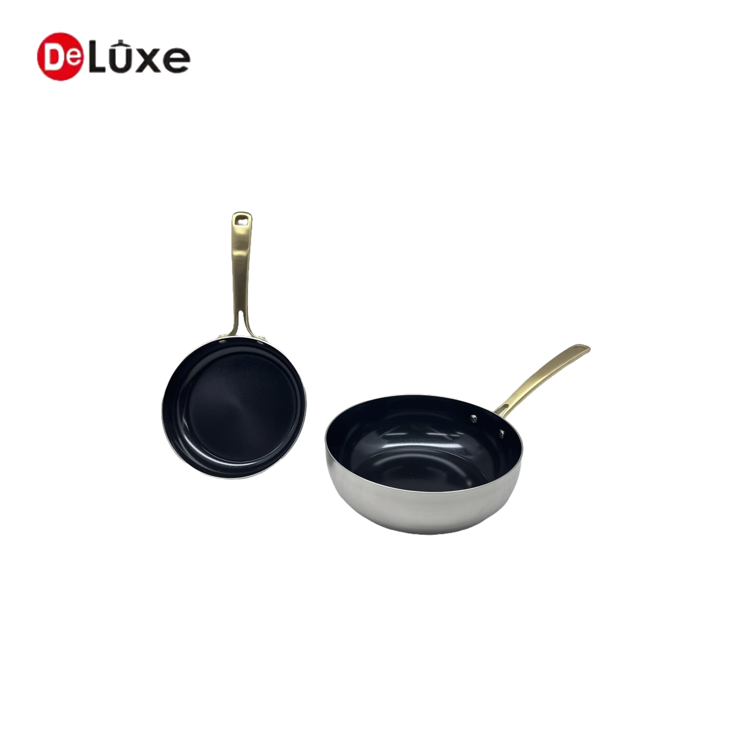 Two sizes composite stainless frying pans with non-stick coating, champagne gold hollow cast steel handles