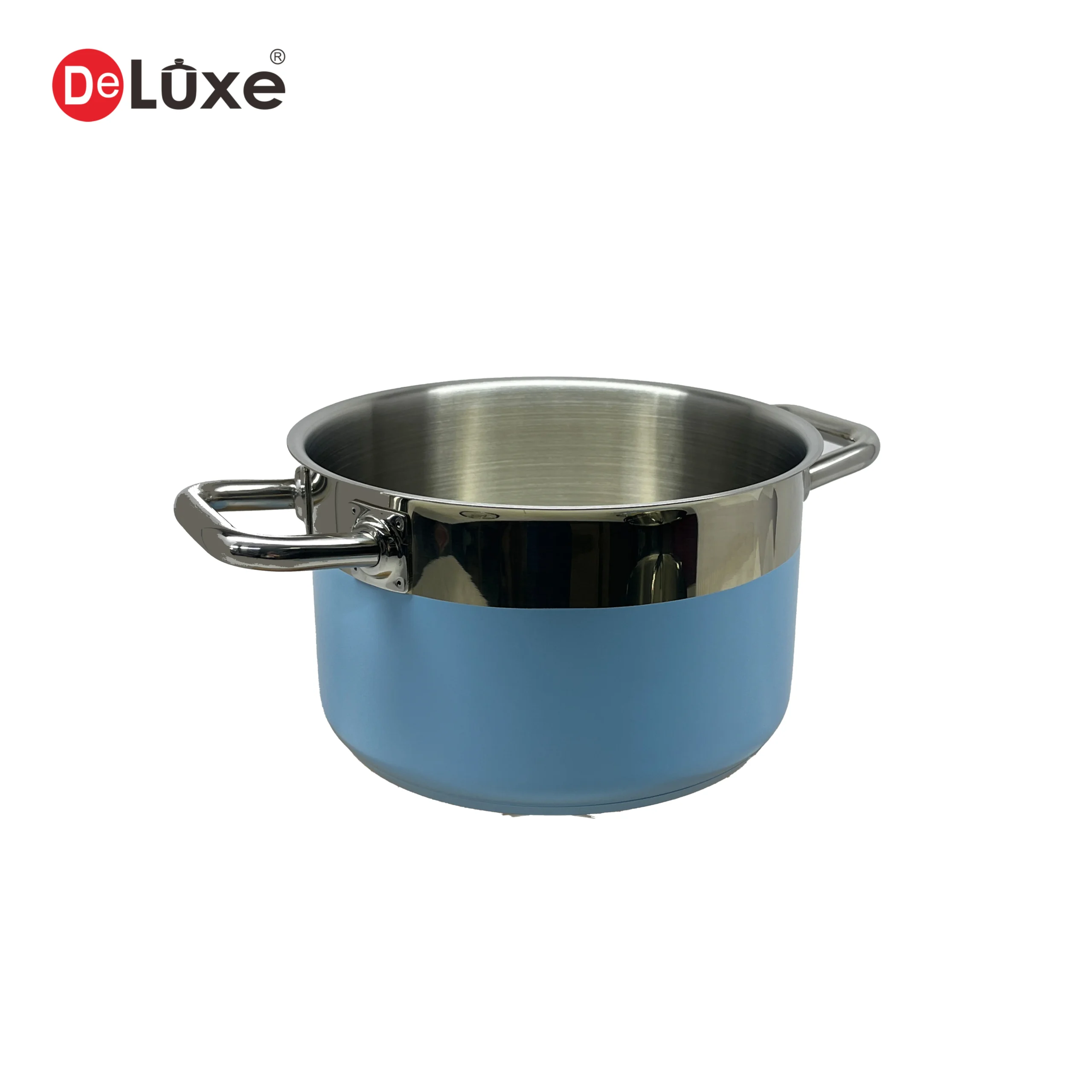 No lid blue exterior mirror finish straight stock pot, matte stainless interior wall