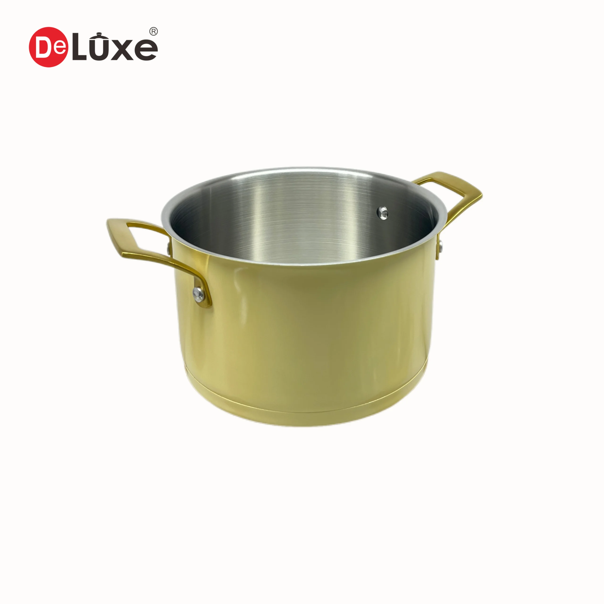 Uncovered double handle composite stock pot, matte sand interior wall, exterior yellow ceramic coating and two golden PVD cast steel handles