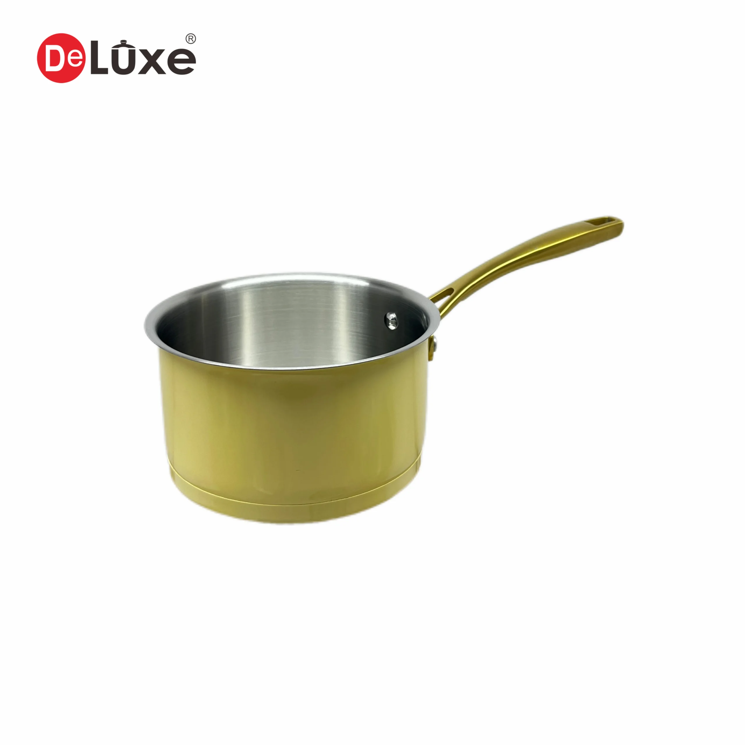 Uncovered single handle composite steel saucepan with smooth yellow ceramic exterior coating and gold PVD cast steel handle