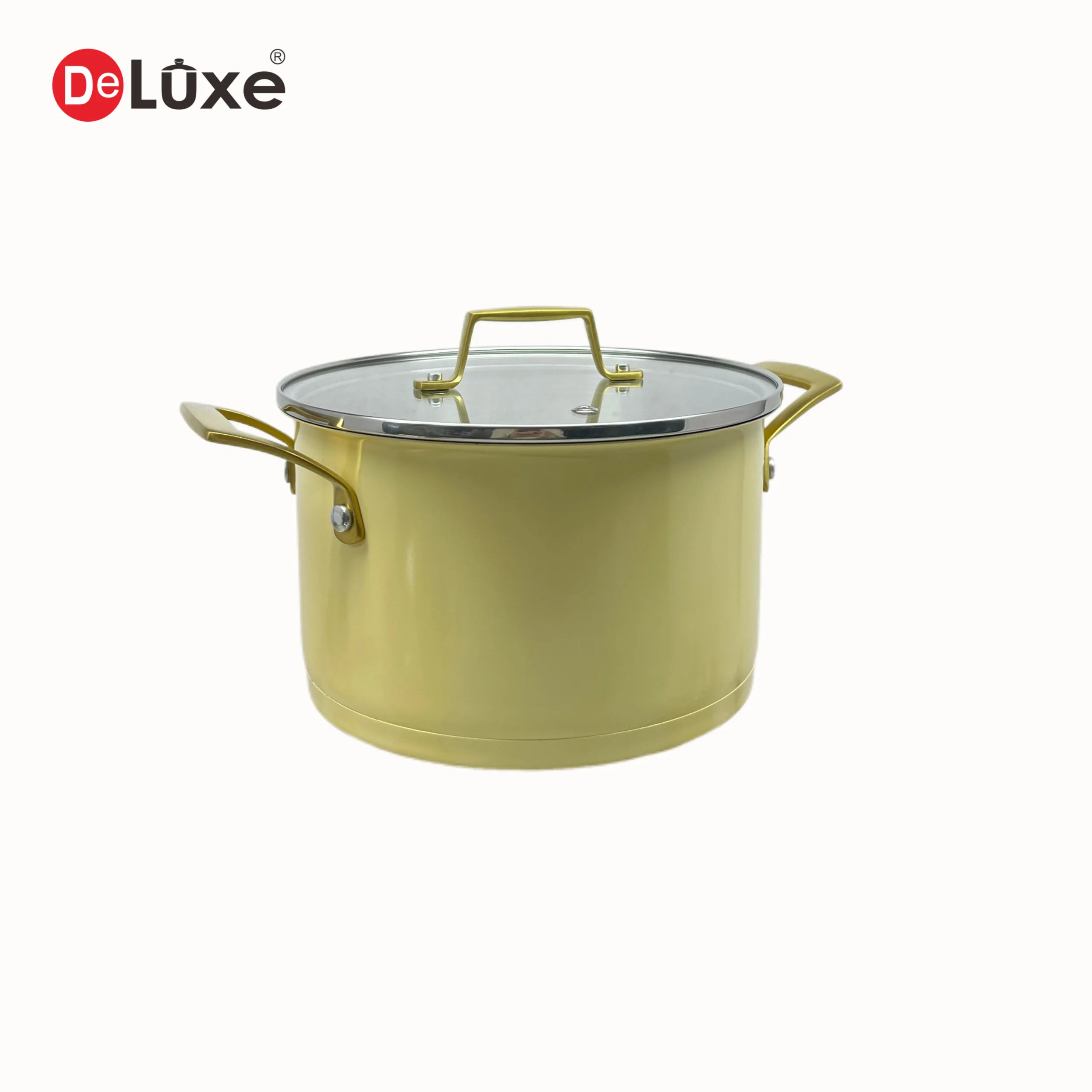 Yellow ceramic coated straight stock pot with dual gold PVD cast steel handles, rivet fixed structure together with matched tempered glass lid