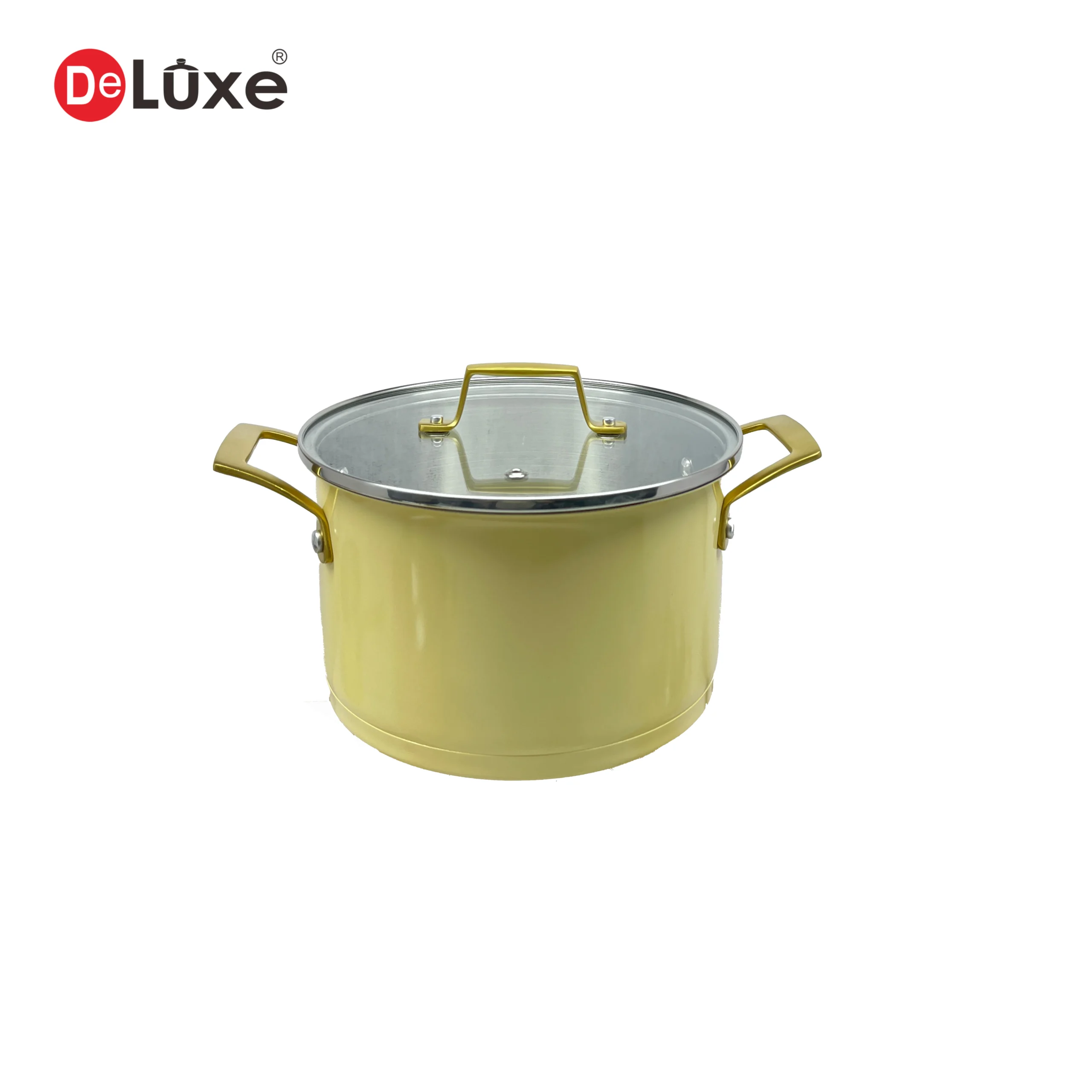 Straight double handle stock pot coated with yellow ceramic paint externally, golden PVD finished cast steel handles fastened by rivets, matched sealed tempered glass lid