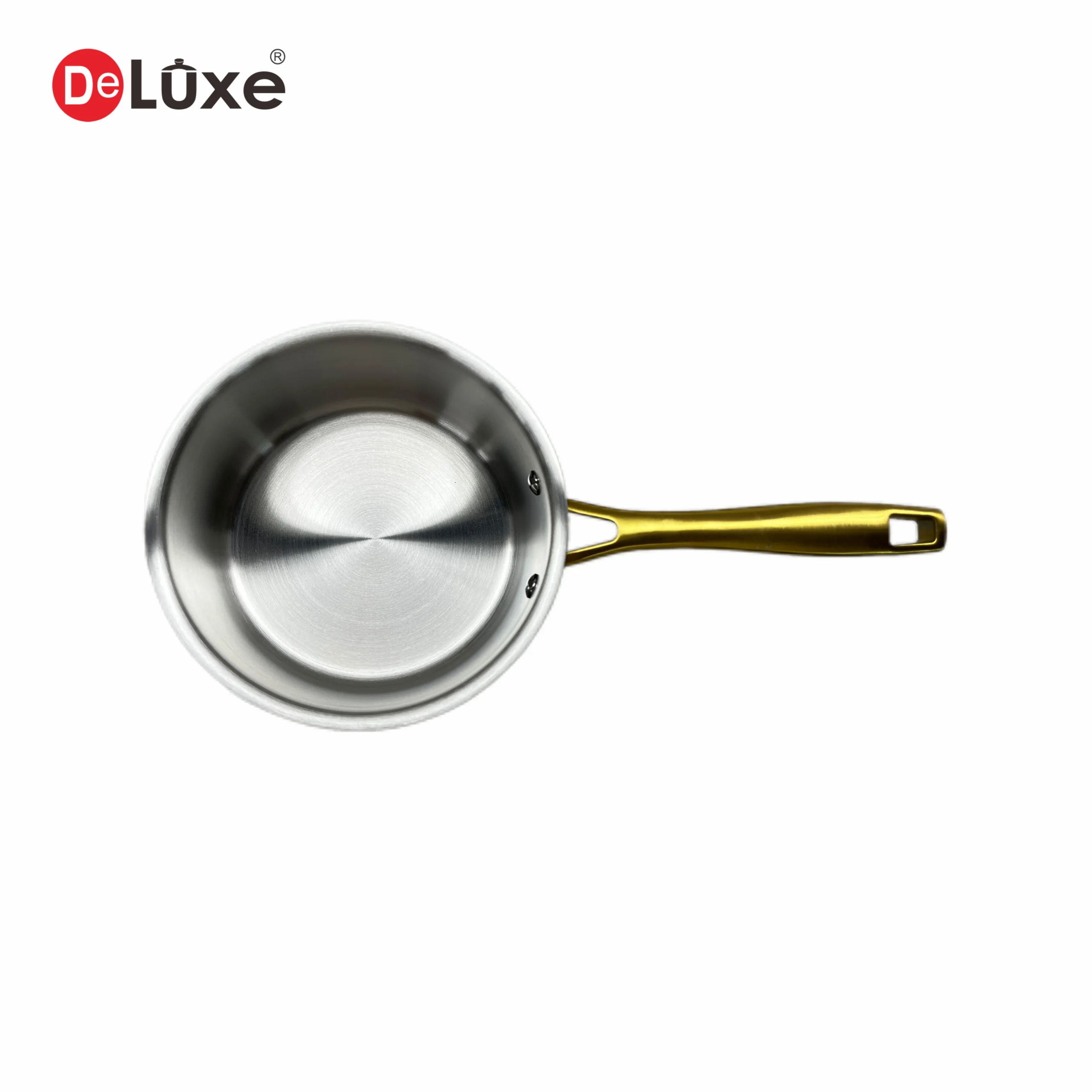 Top-down view of yellow ceramic coated saucepan interior with matte sand finish, display of riveted gold PVD cast steel handle structure