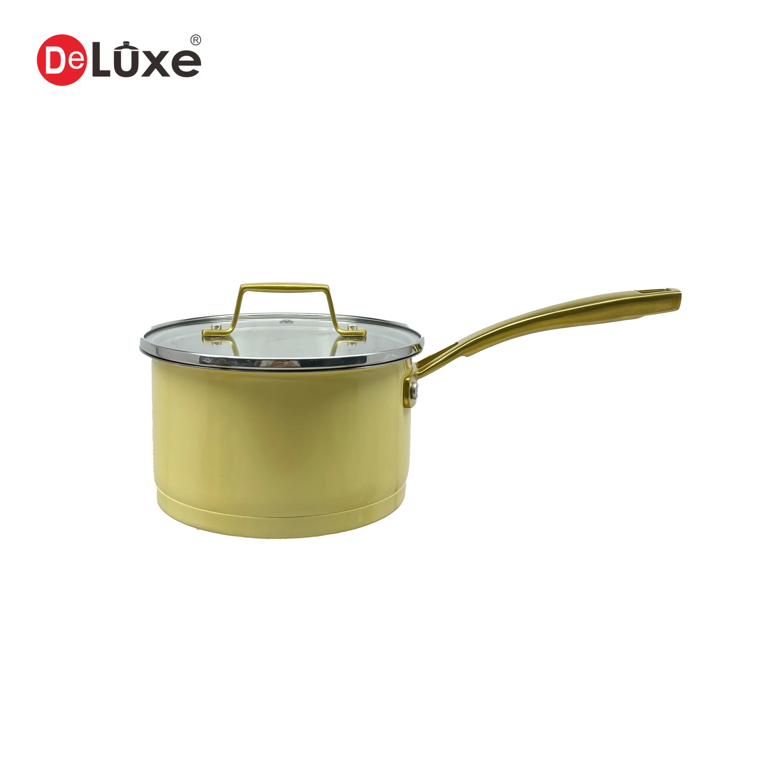 Single handle saucepan with exterior yellow ceramic coating, riveted gold PVD cast steel handle and 304 steel rim tempered glass lid