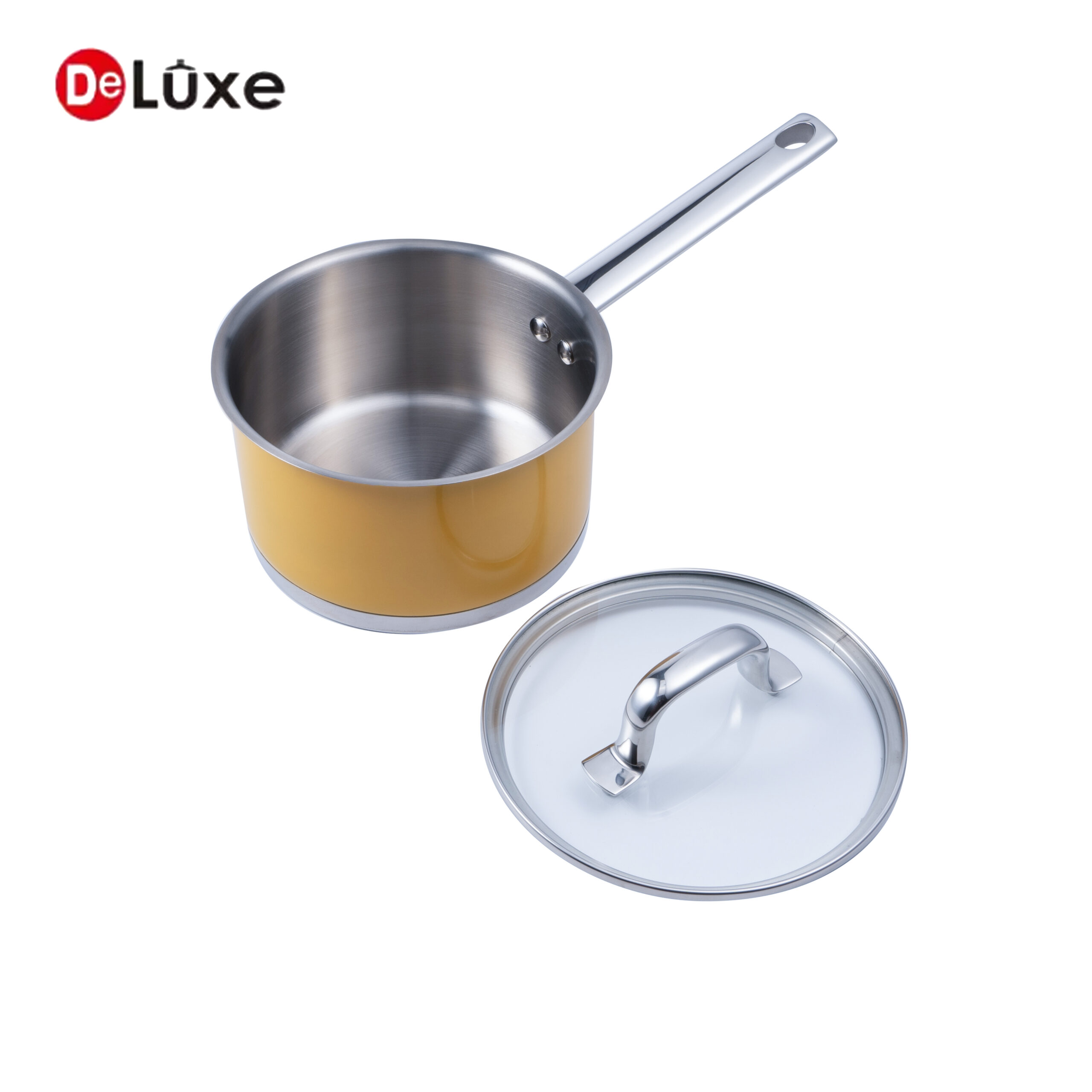 Yellow coated single handle saucepan with separated tempered glass lid