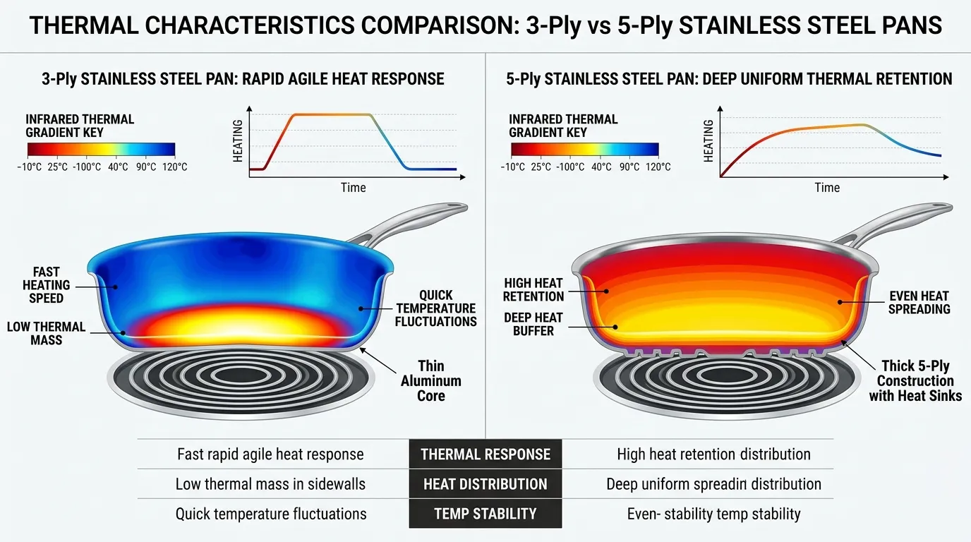 Heat retention and thermal distribution comparison between 3 ply vs 5 ply cookware.