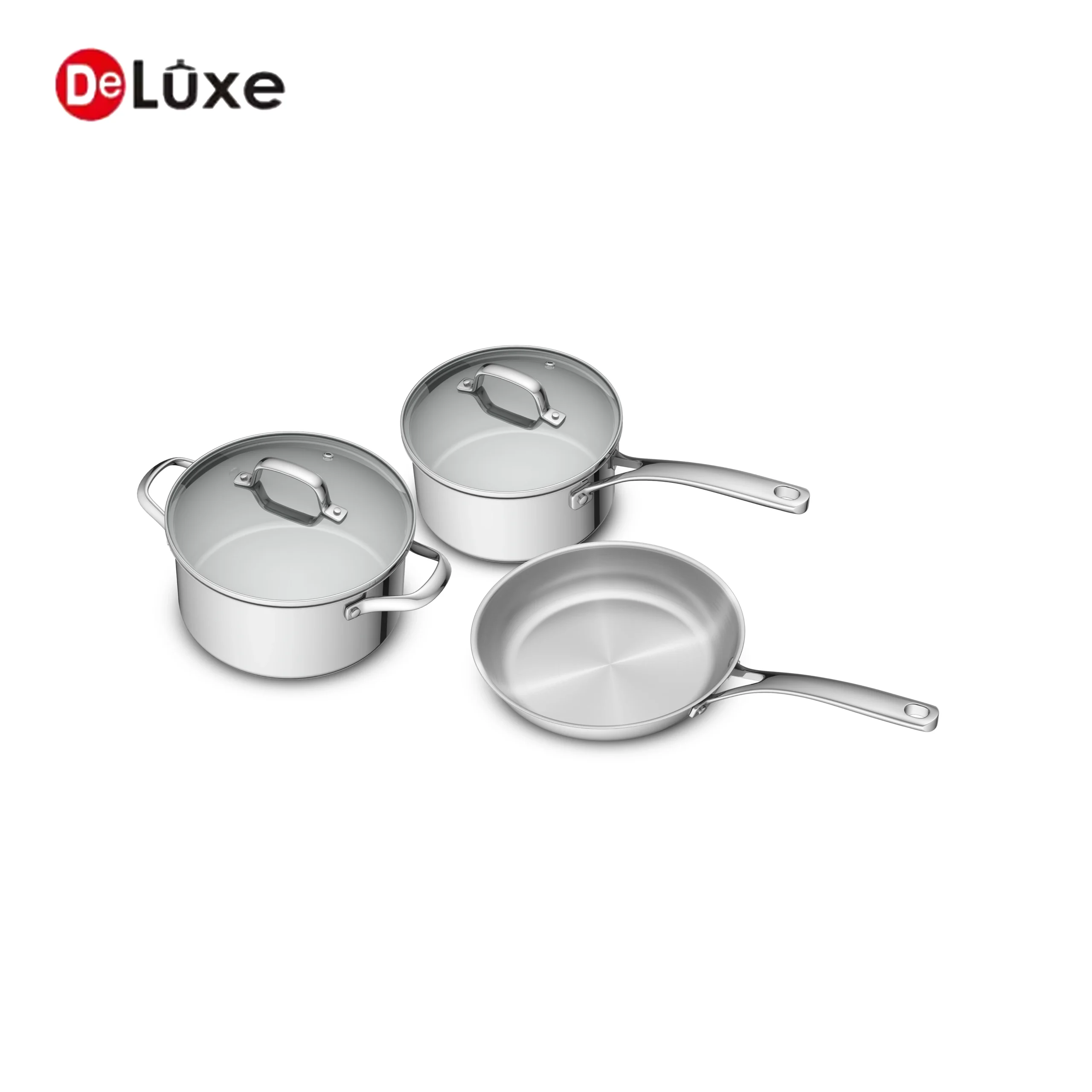 Top view of 3 piece deluxe stainless steel pots and pans set with glass lids, 18cm saucepan,24cm stock pot,24cm fry pan, induction ready kitchen cookware