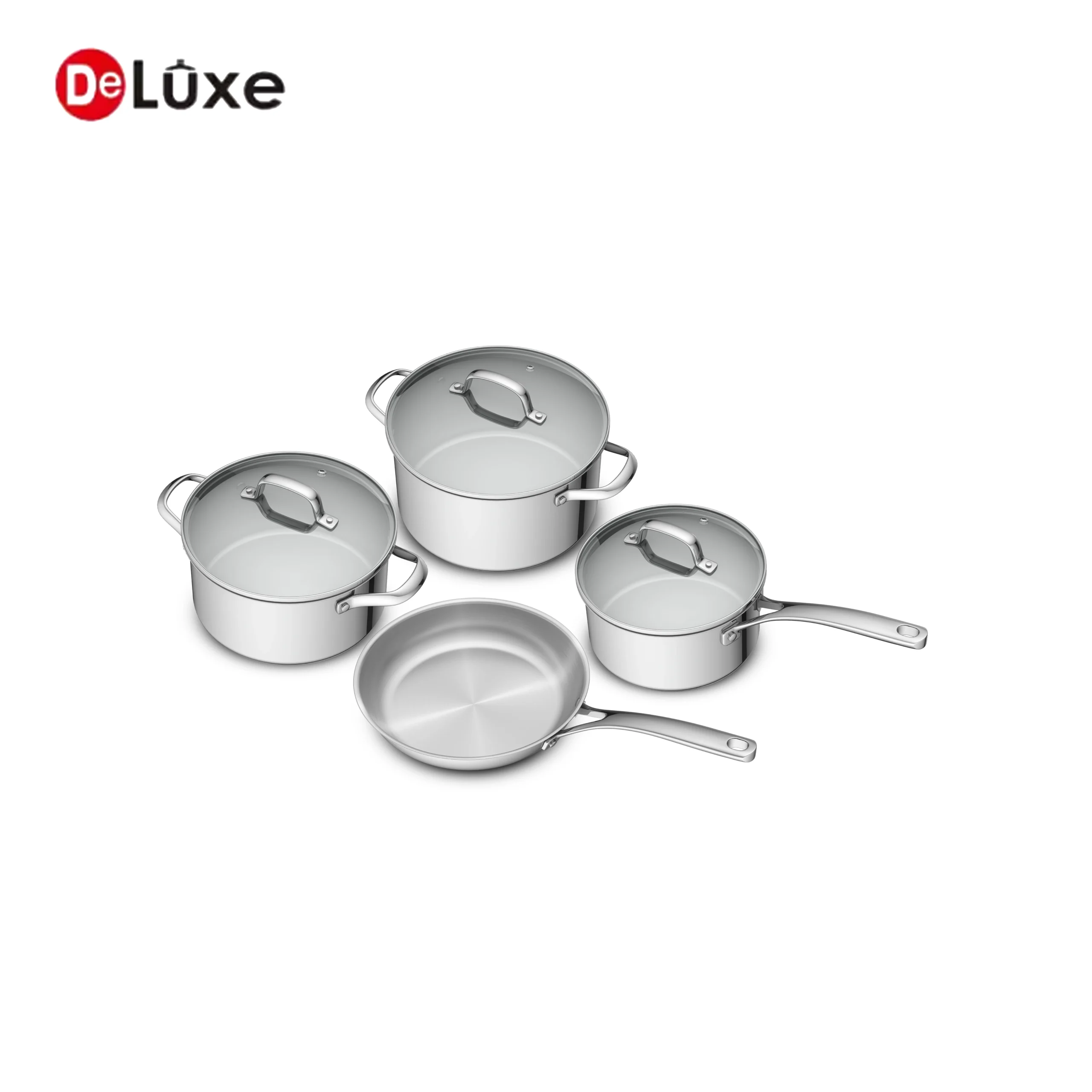 Top view of 7 piece deluxe stainless steel cookware set with glass lids, 16cm saucepan, 20cm & 24cm stock pots, 24cm frying pan, induction ready kitchen pots and pans