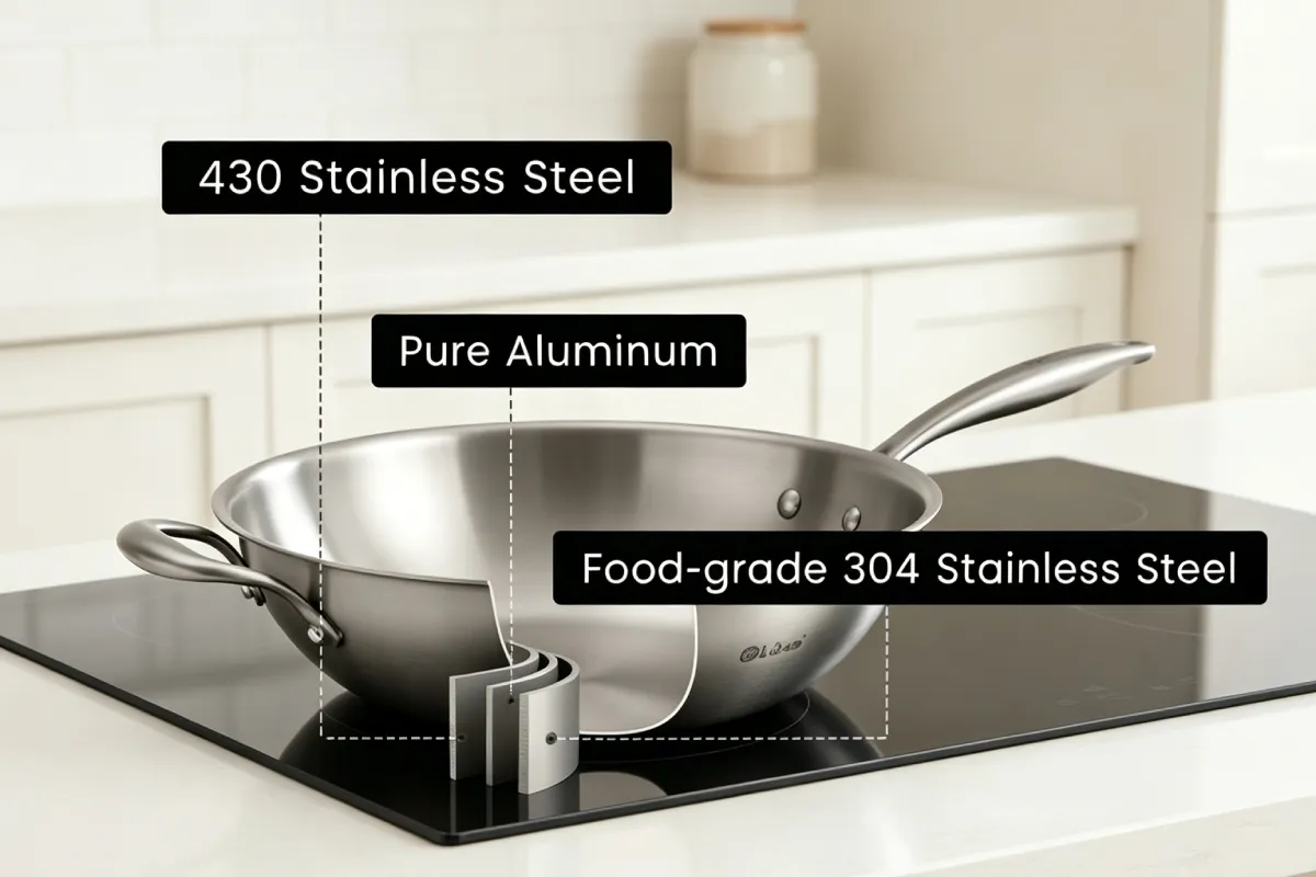 3-ply cookware cross section showing food grade 304 stainless steel interior aluminum core and induction 430 exterior.