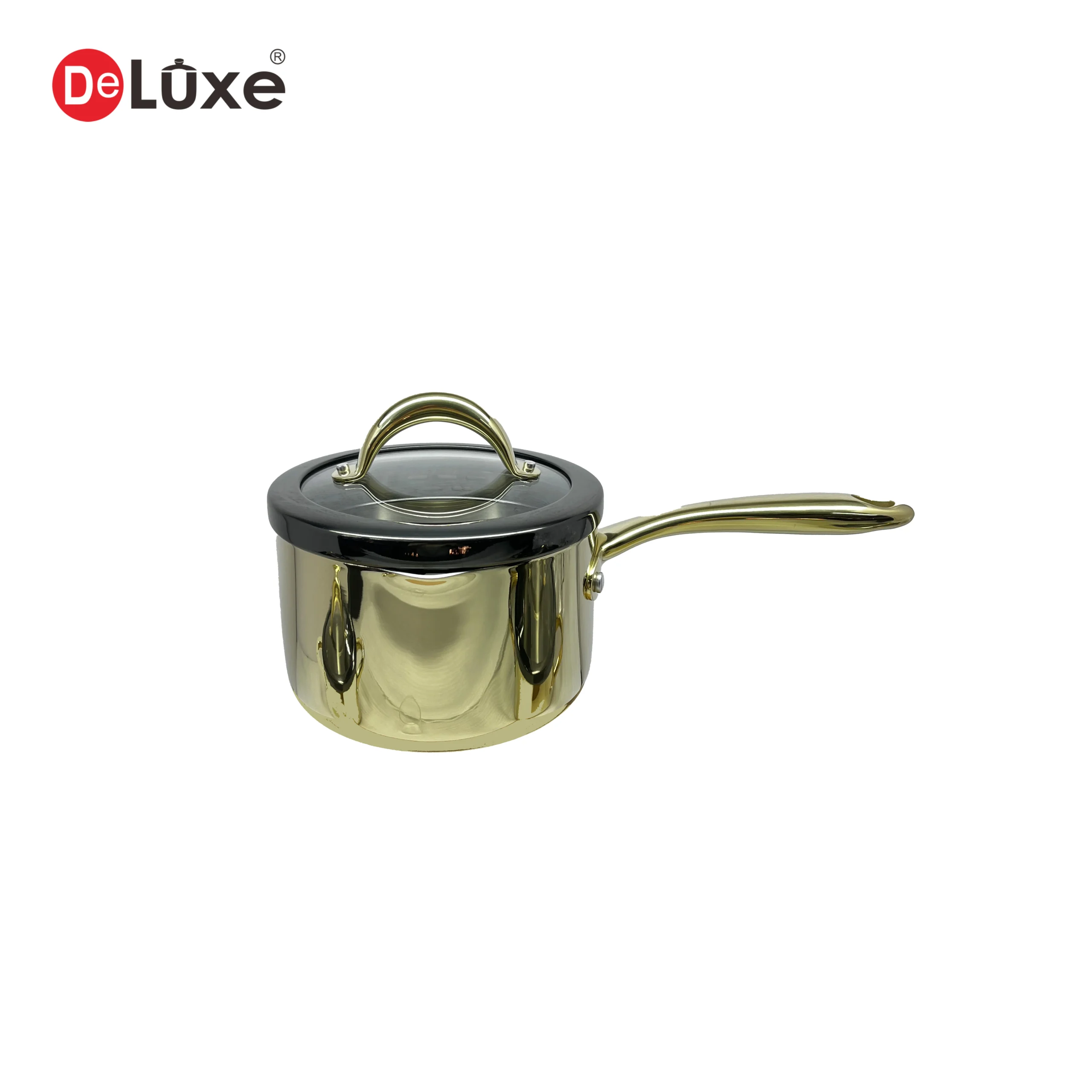 Deluxe Stainless Steel Saucepan Side View with Glass Lid, Champagne PVD Finish