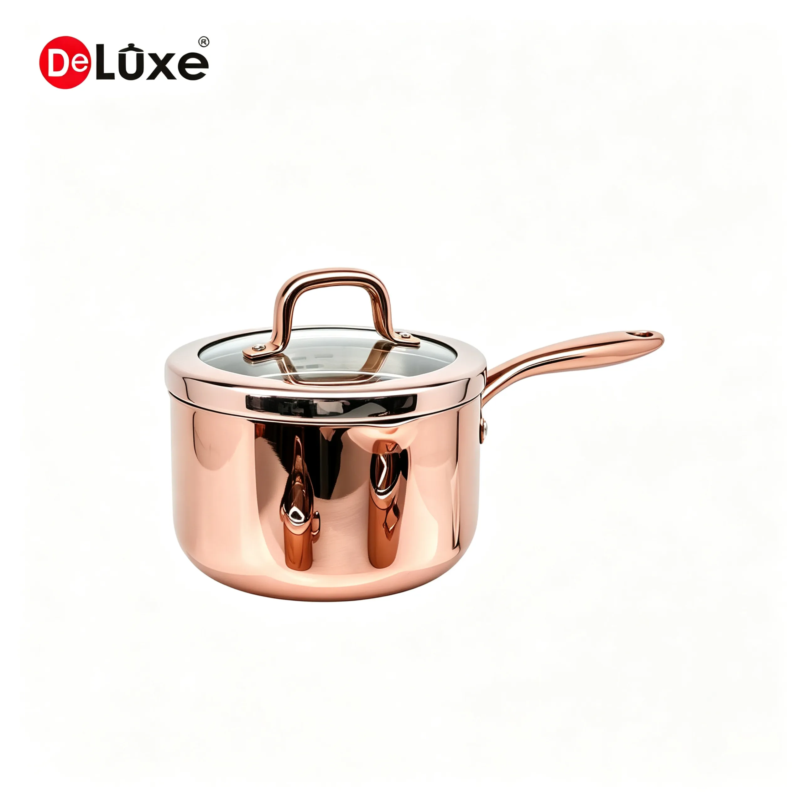 Deluxe 3-ply stainless steel saucepan with glass lid, rose gold PVD coated cookware