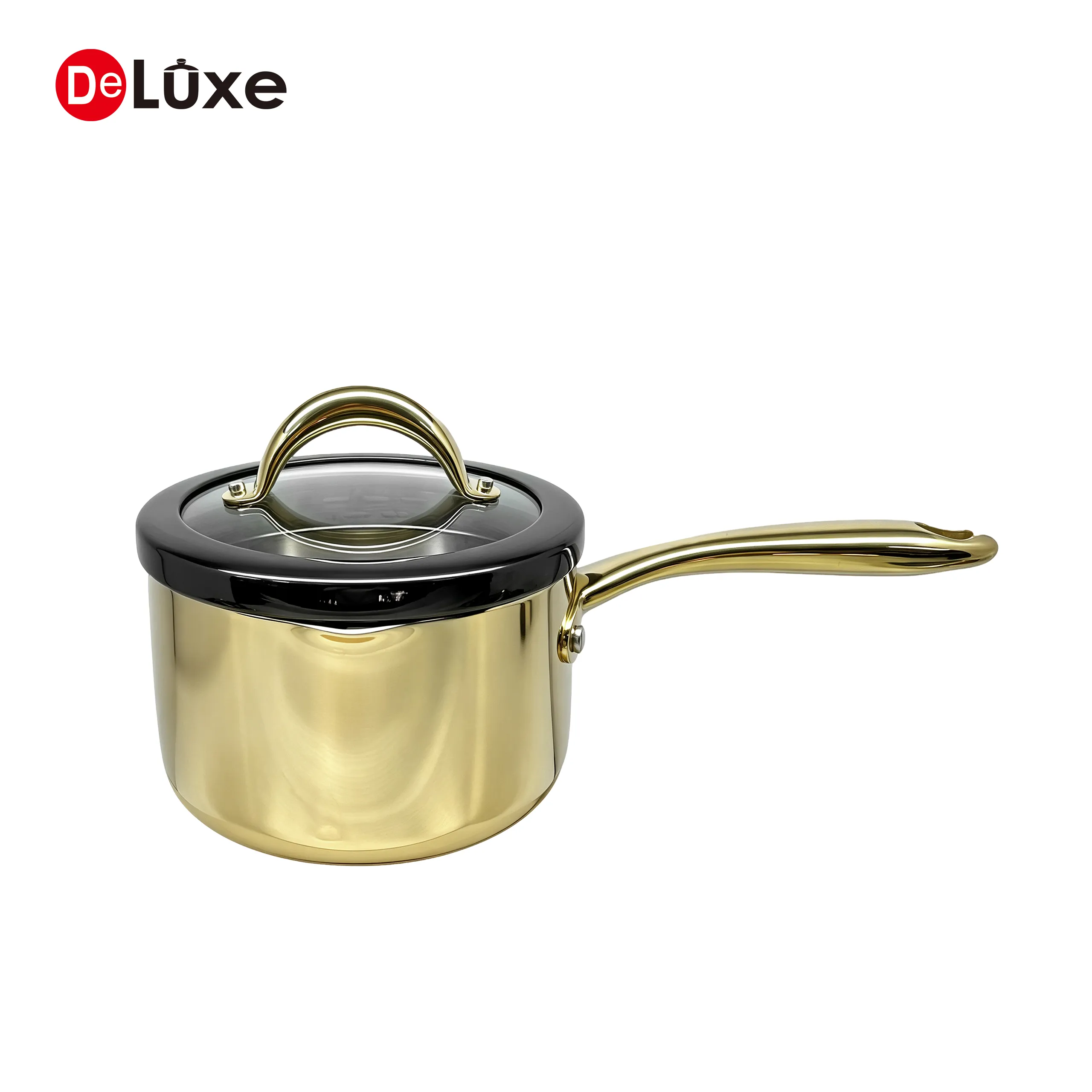 Front view stainless steel saucepan 3-ply construction, champagne PVD finish