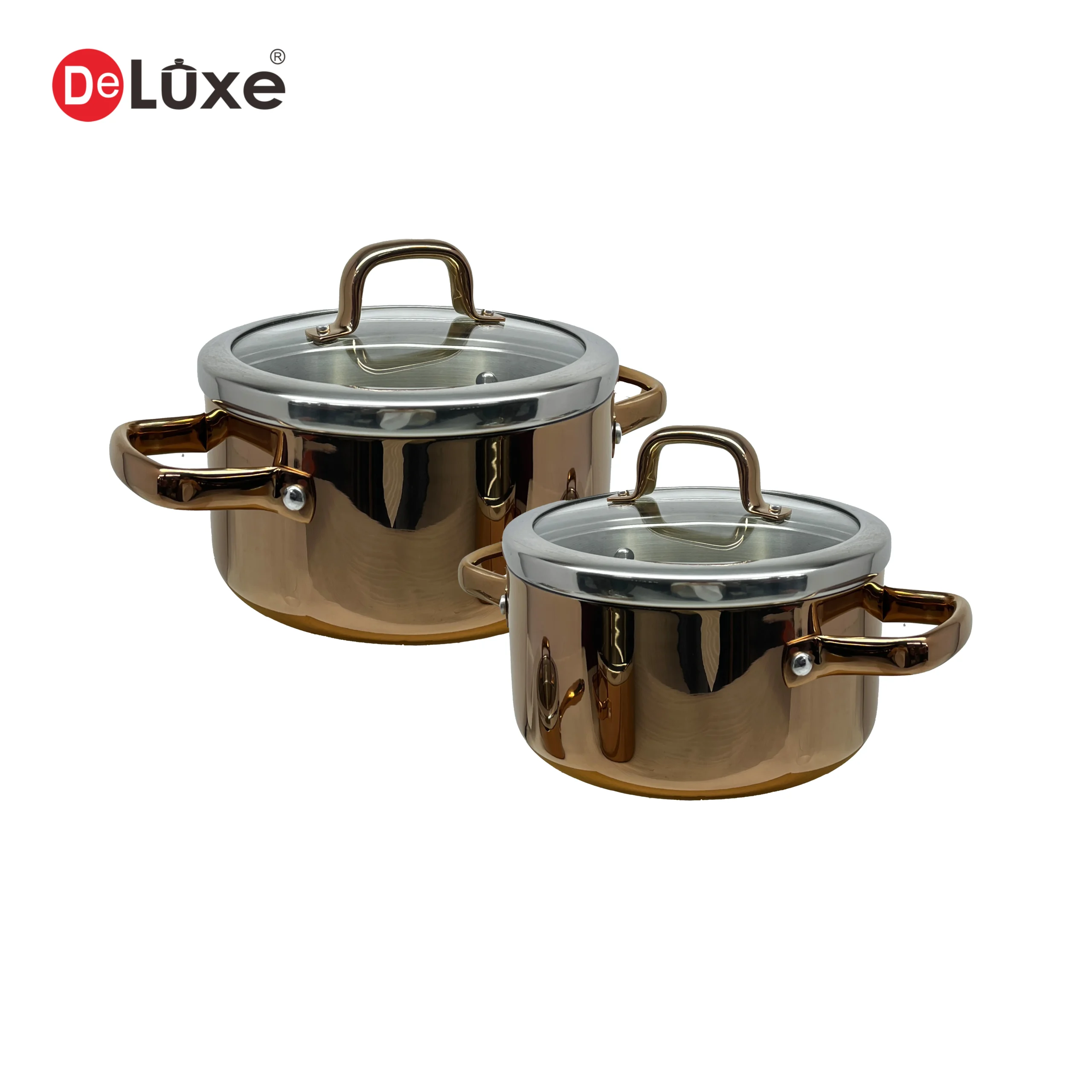 Deluxe 3-Ply Stainless Steel Double Stew Pot Set with Glass Lids, Rose Gold PVD Finish