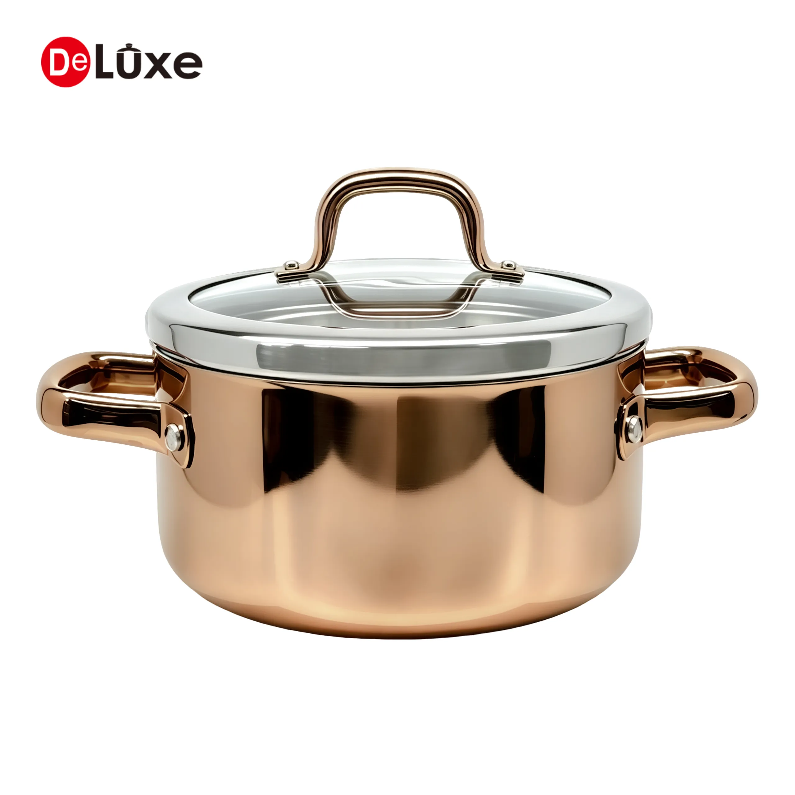 Deluxe 3-ply stainless steel stock pot with glass lid, rose gold PVD coating
