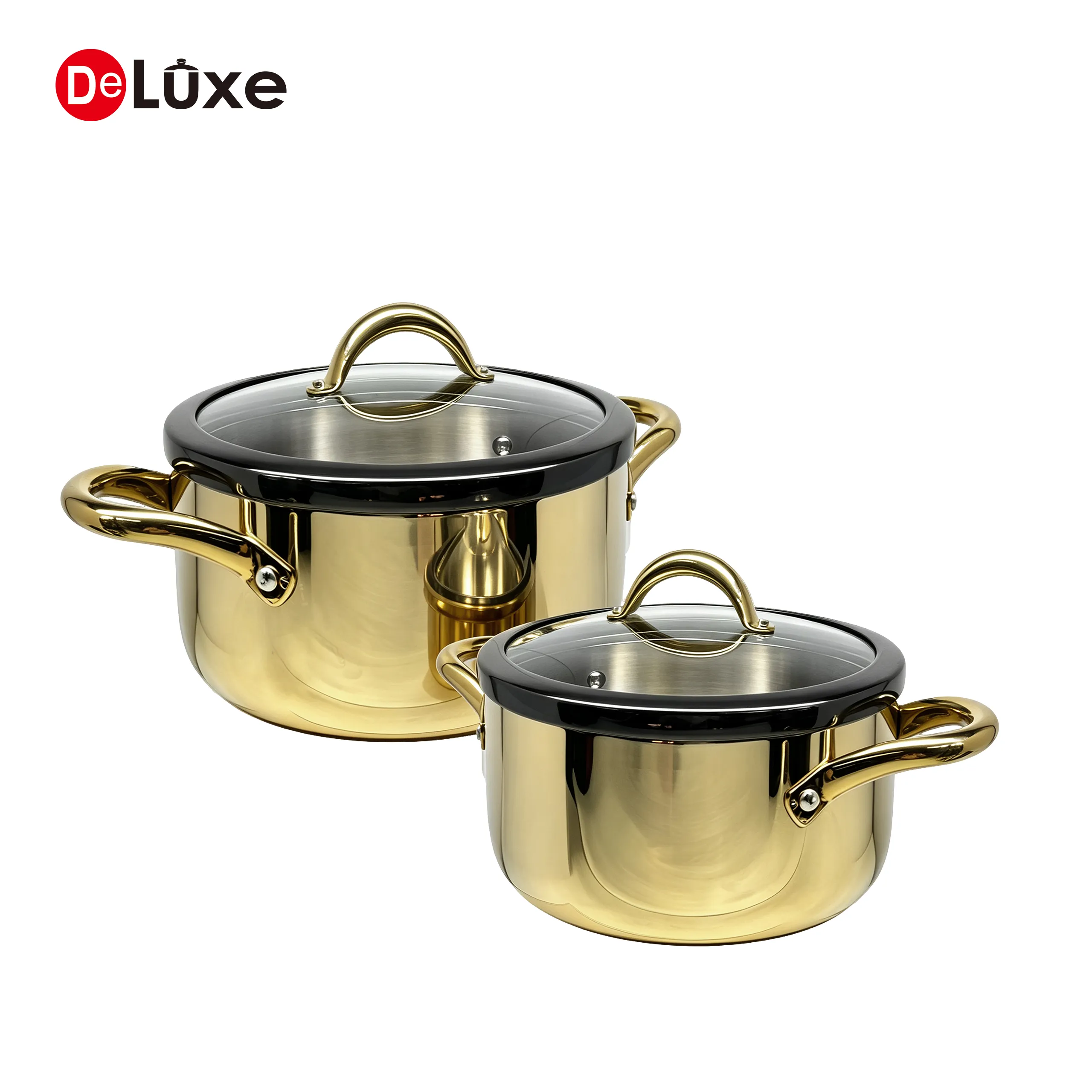 Two 3-ply stainless steel stock pots set, champagne PVD finish with glass lids