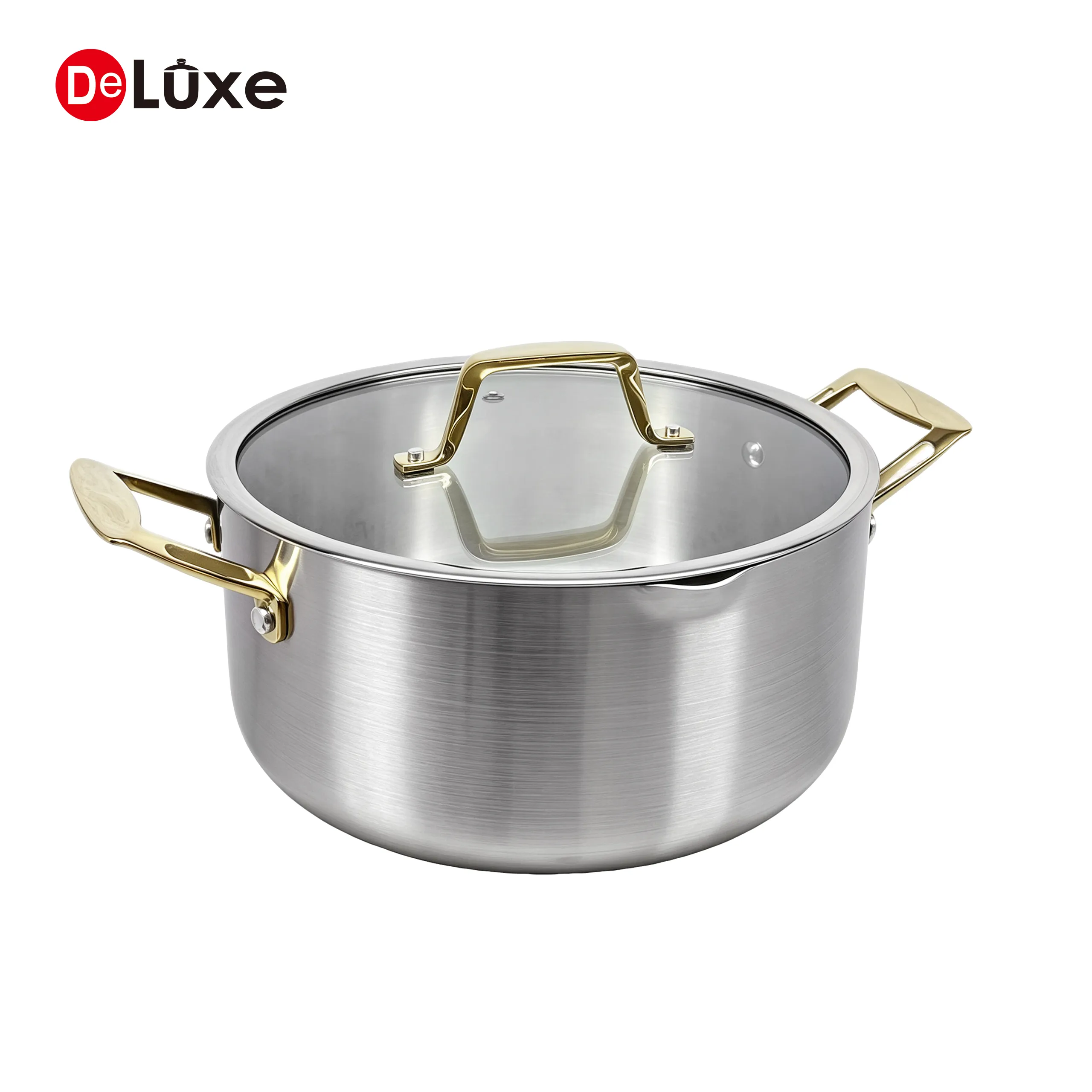 Deluxe 3-ply stainless steel stock pot, tempered glass lid and PVD coated handles