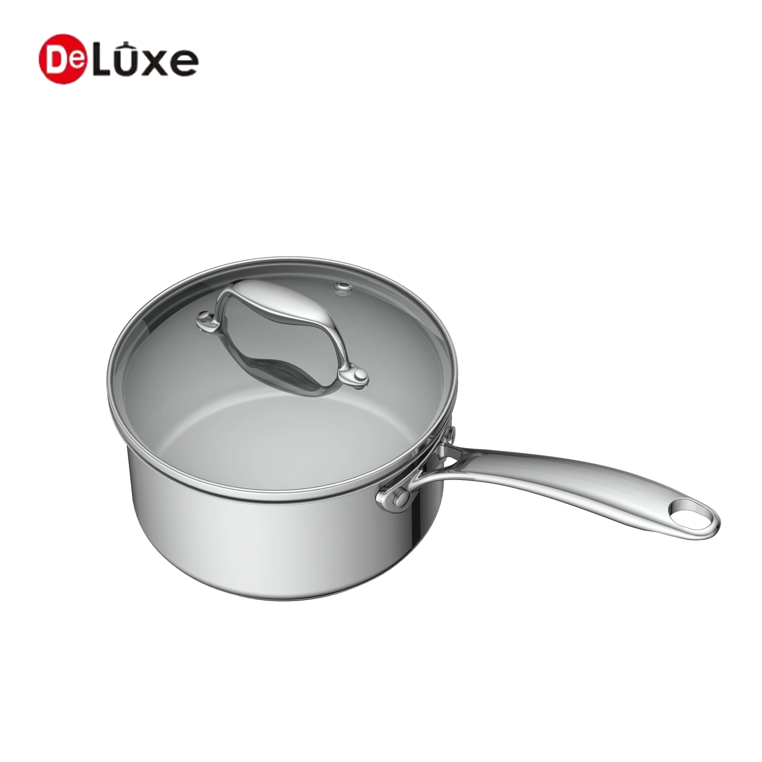 Deluxe 304 stainless steel saucepan with glass lid, two sizes options, suitable for gas and induction cooktops