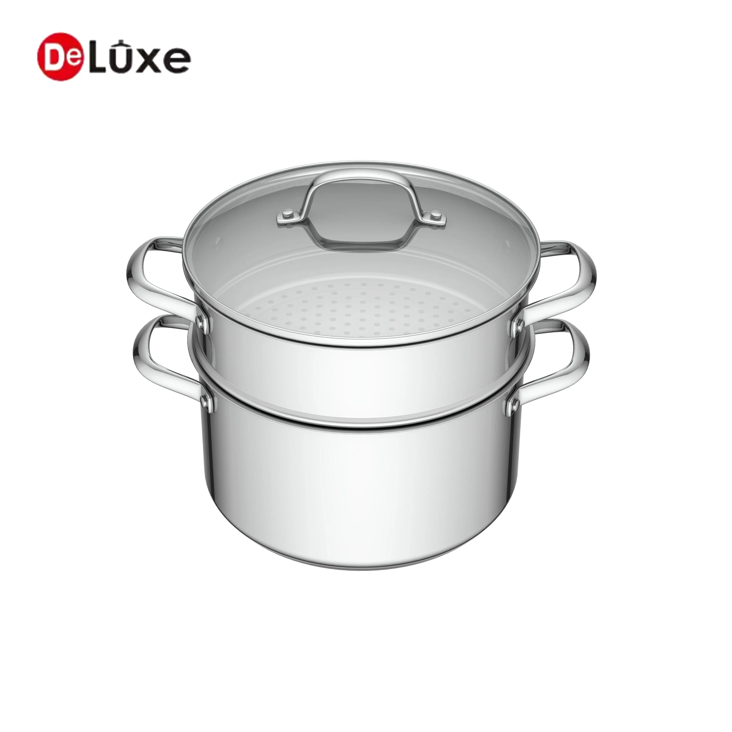 Deluxe 304 stainless steel stock pot steamer set with glass lid, suitable for gas and induction cooktops