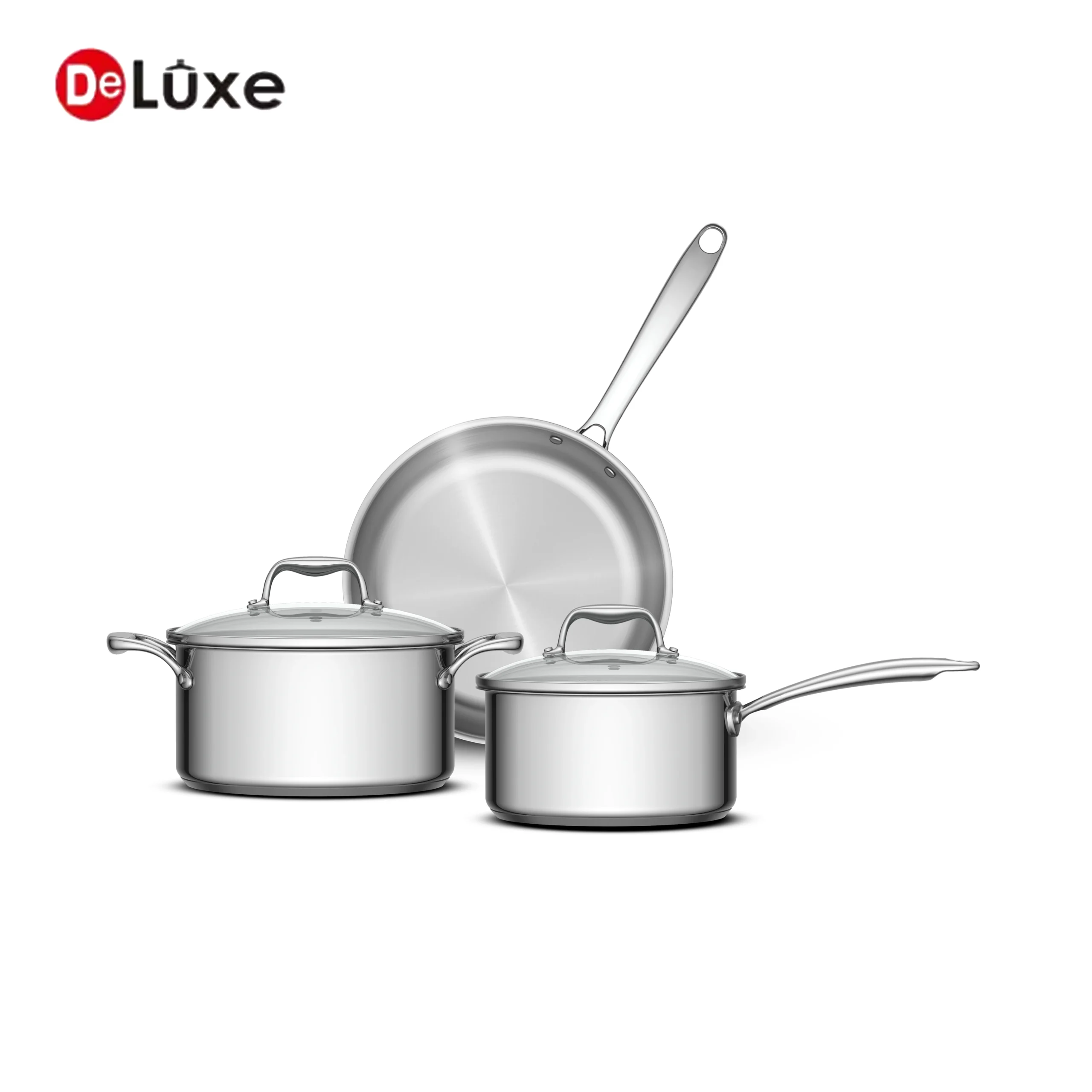 DeLuxe 5-Piece Stainless Steel Saucepan & Frying Pan Set with Glass Lids, hollow cast steel handle encapsulated bottom cookware set compatible with gas and induction cooktops