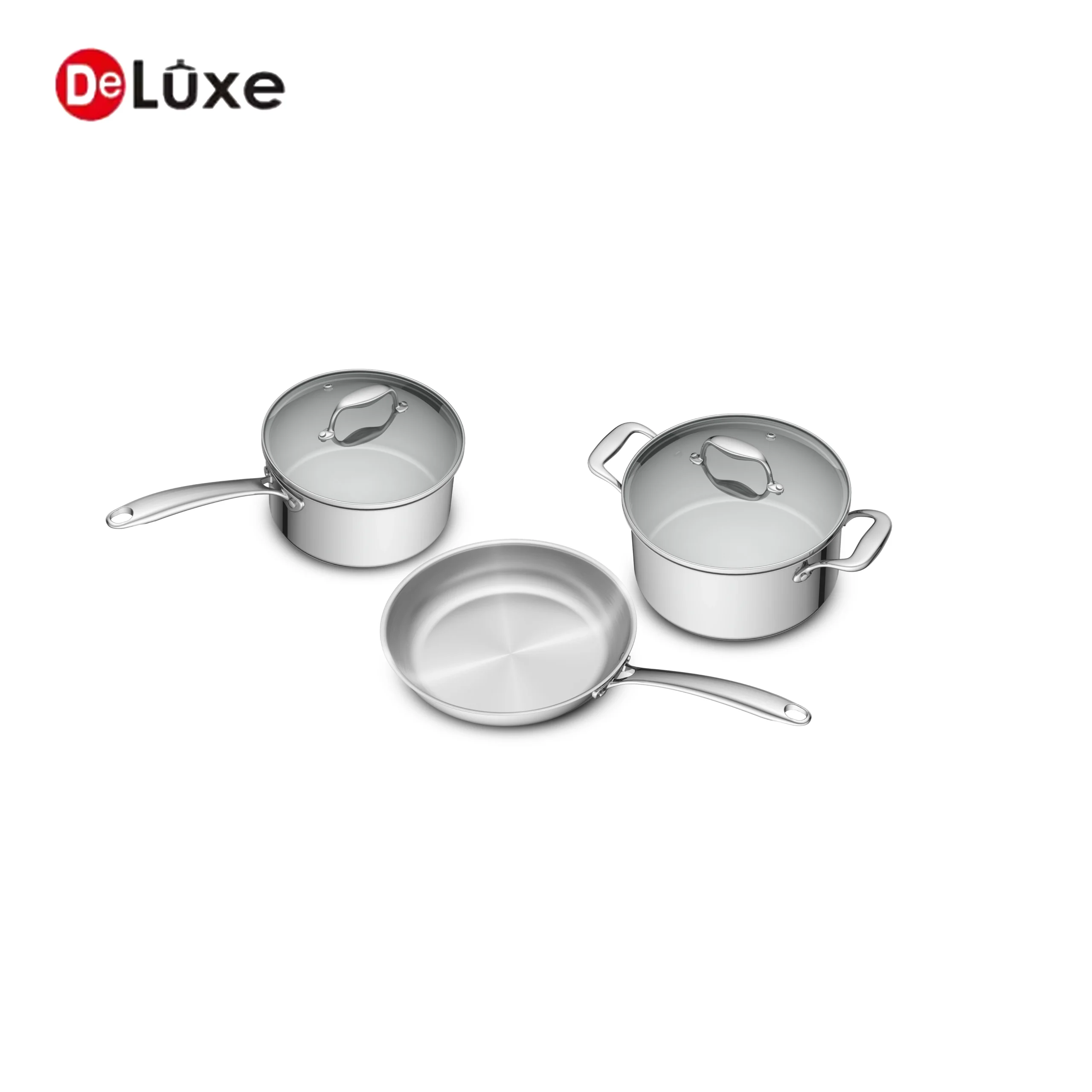 Top down view of DeLûxe 5 piece stainless steel saucepan stock pot frying pan cookware set with glass lids, deluxe silver induction ready kitchen pots and pans