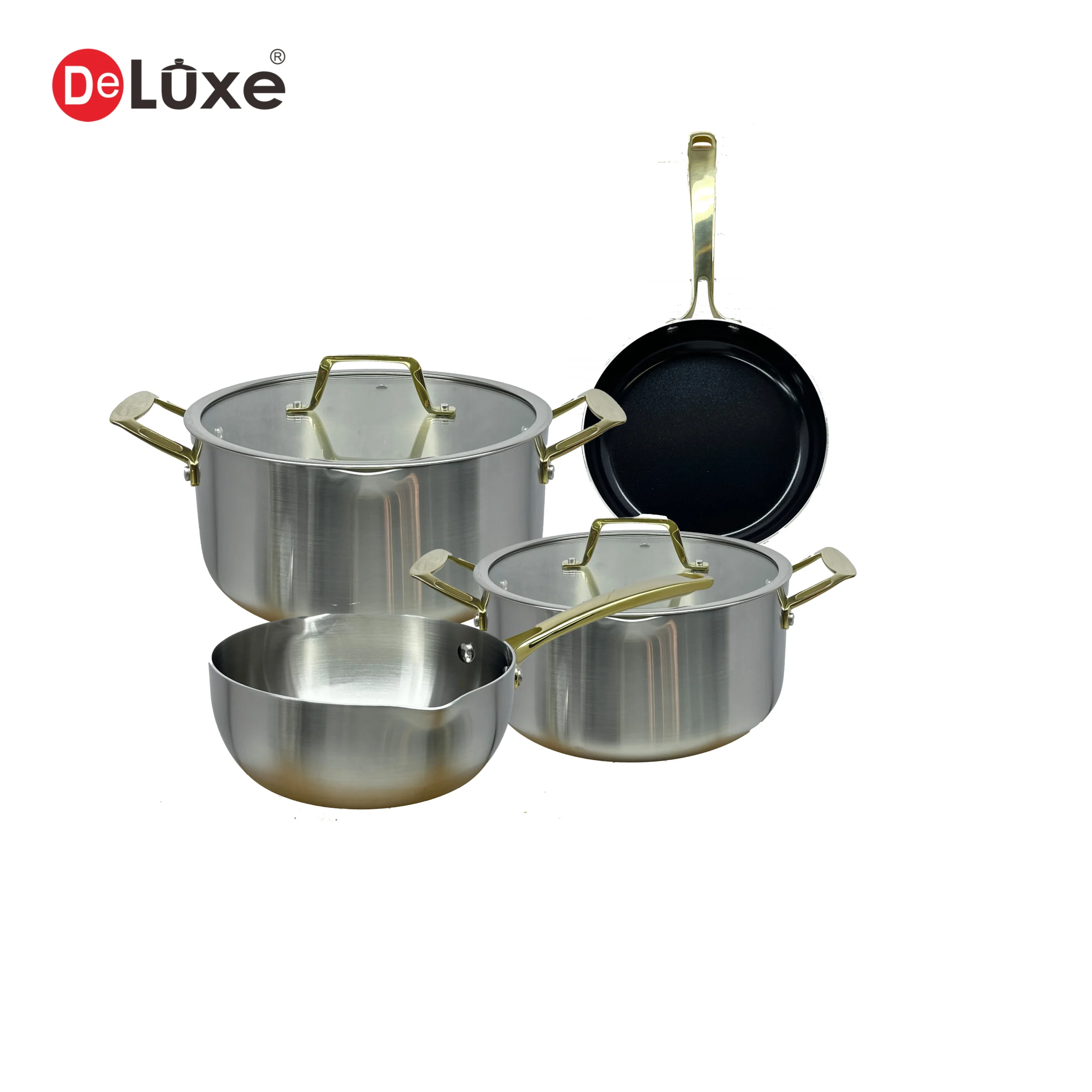 Deluxe 6-Piece 3-ply composite stainless steel cookware set PVD coated frying pan & stock pot collection