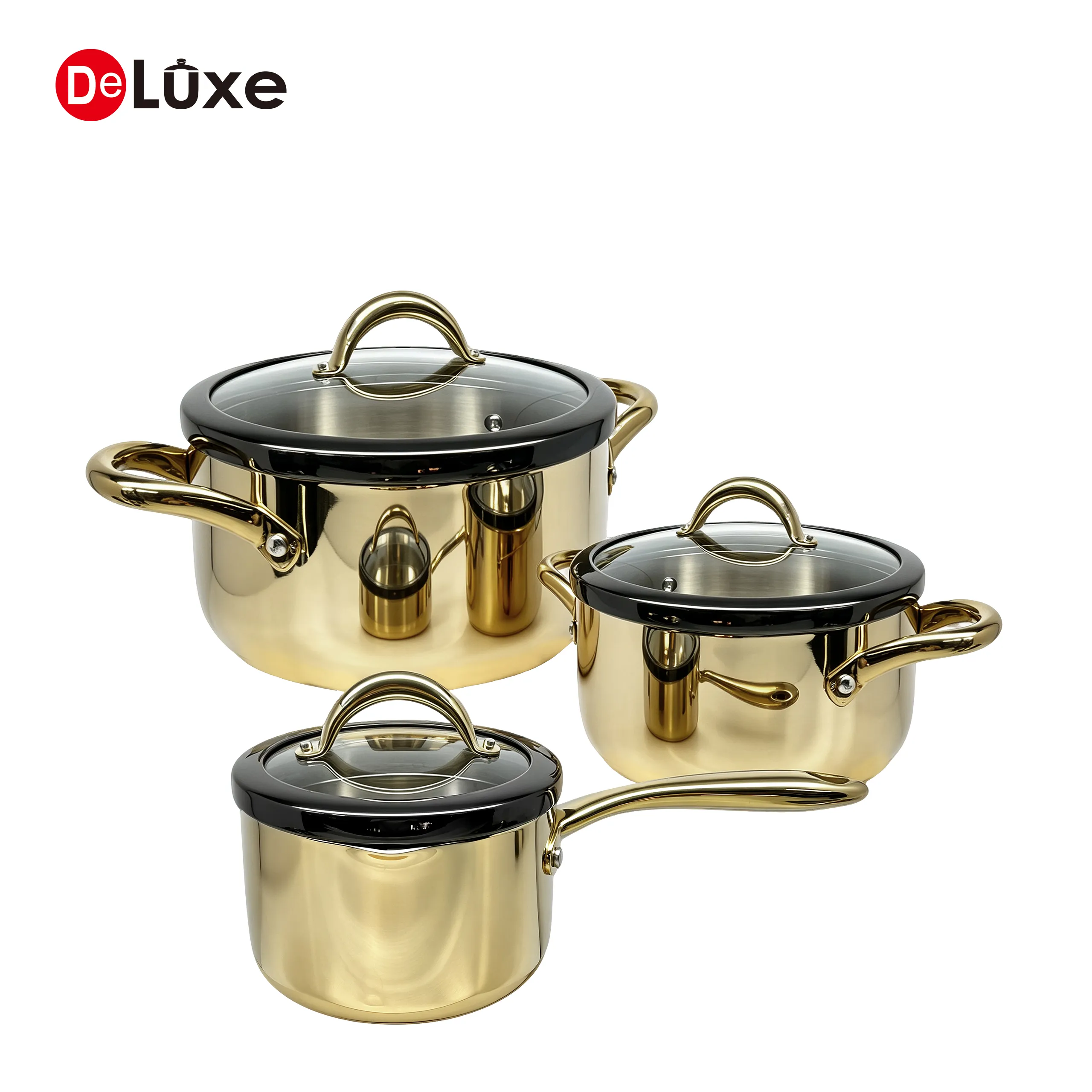 Deluxe 6-Piece 3-Ply Stainless Steel Cookware Set with Glass Lids, Champagne PVD Finish