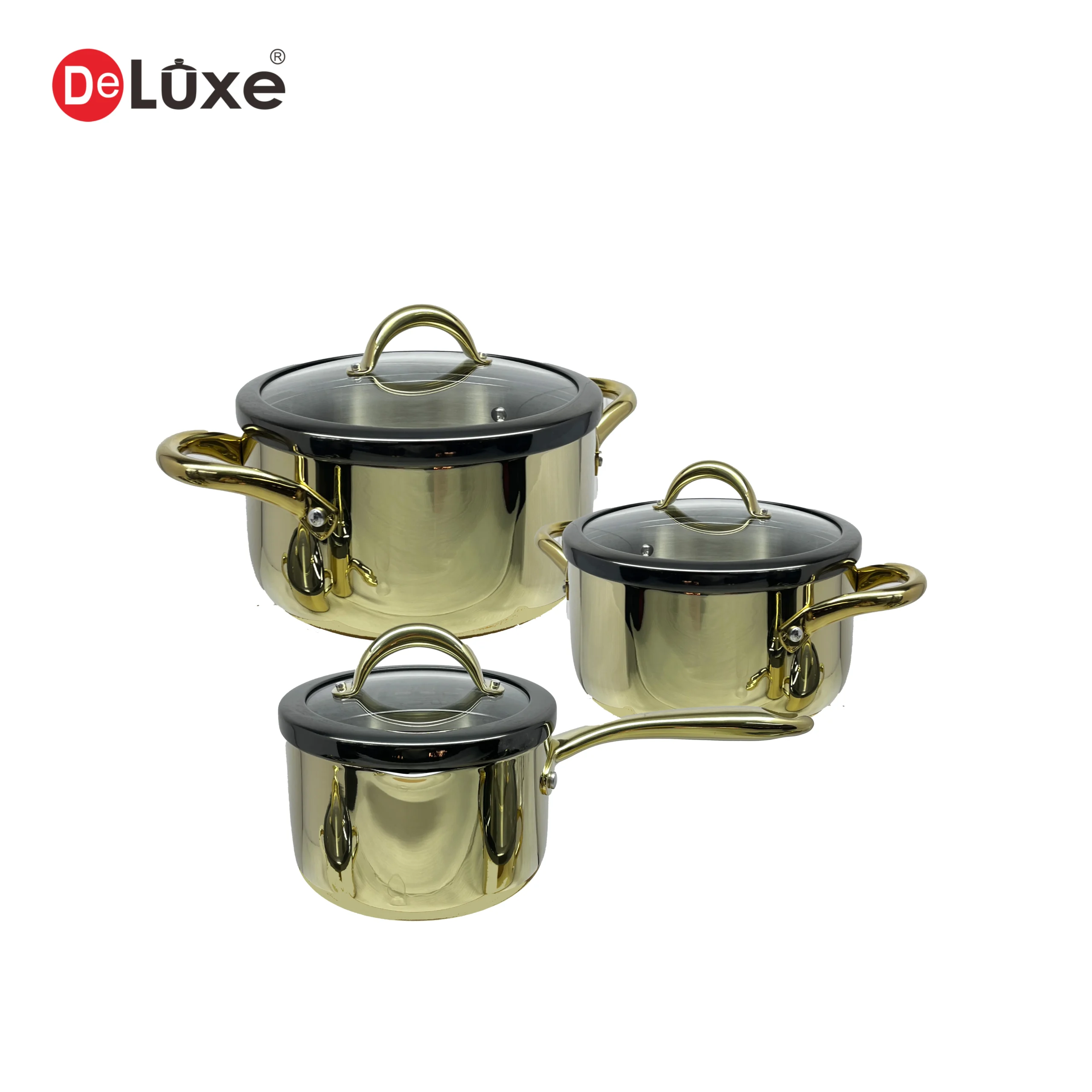 Deluxe 6-Piece 3-Ply Stainless Steel Cookware Set with Glass Lids, Champagne PVD Finish