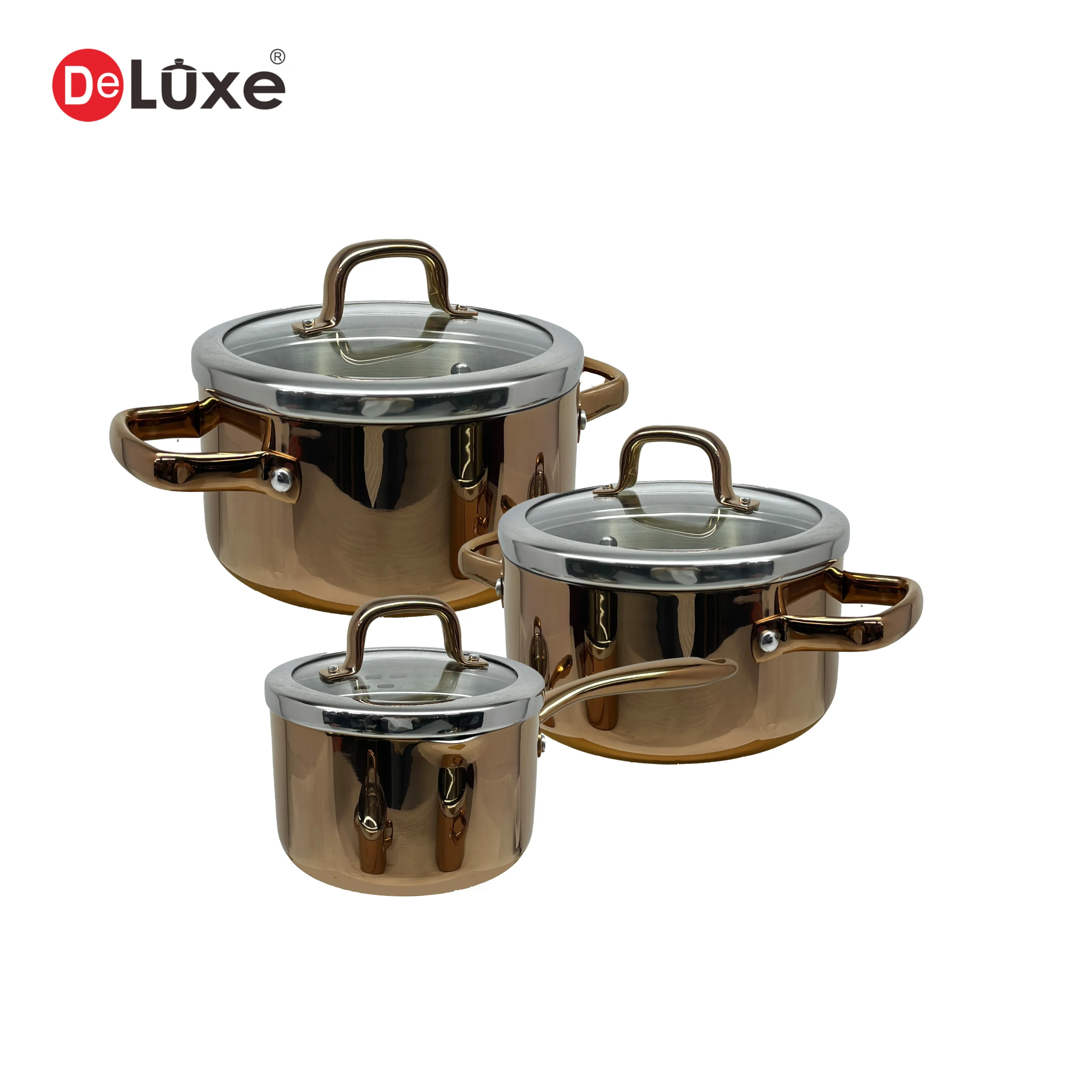 Deluxe 6-Piece 3-Ply Stainless Steel Cookware Set with Glass Lids, Rose Gold PVD Finish