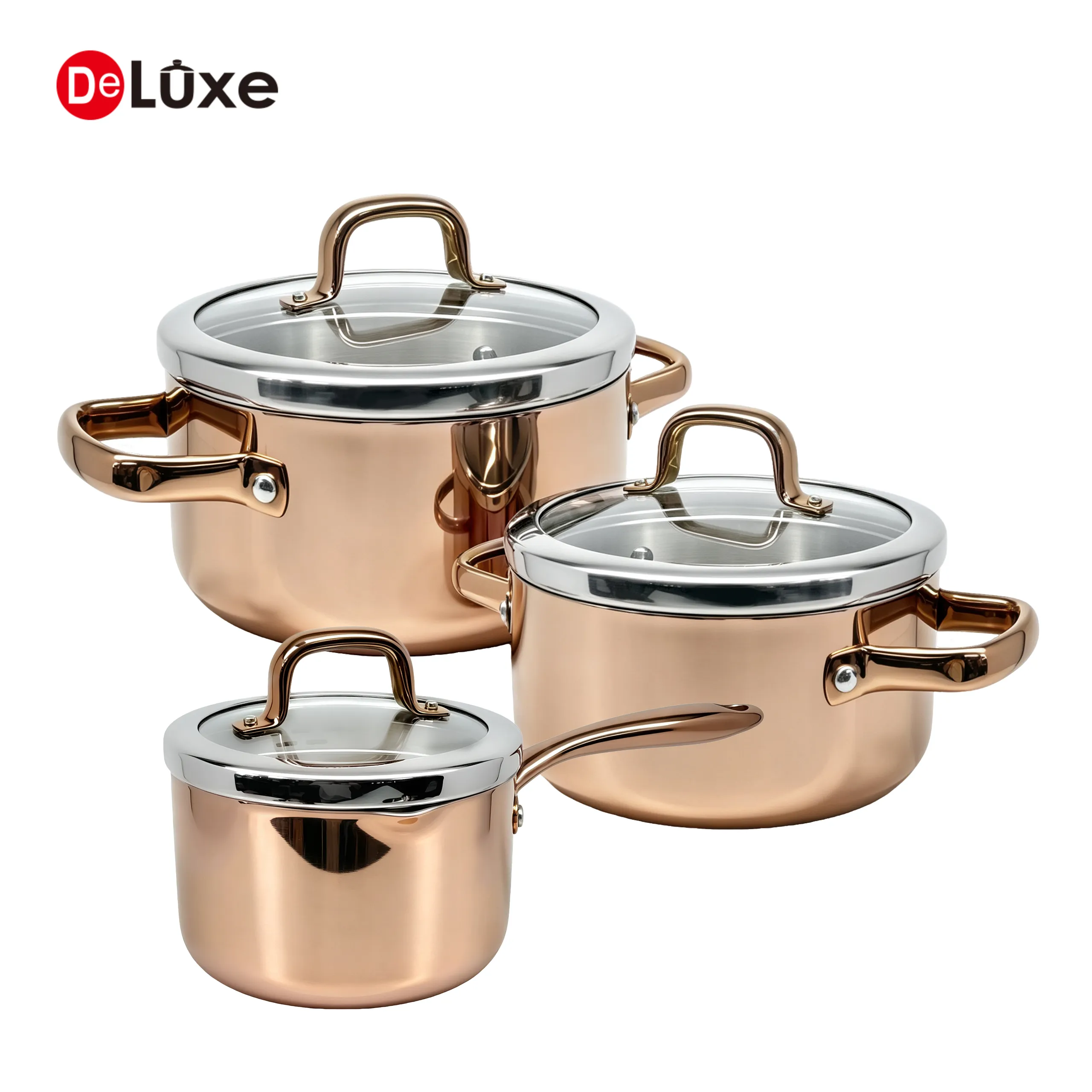 Deluxe 6 pieces 3-ply stainless steel cookware set, rose gold PVD finish wholesale