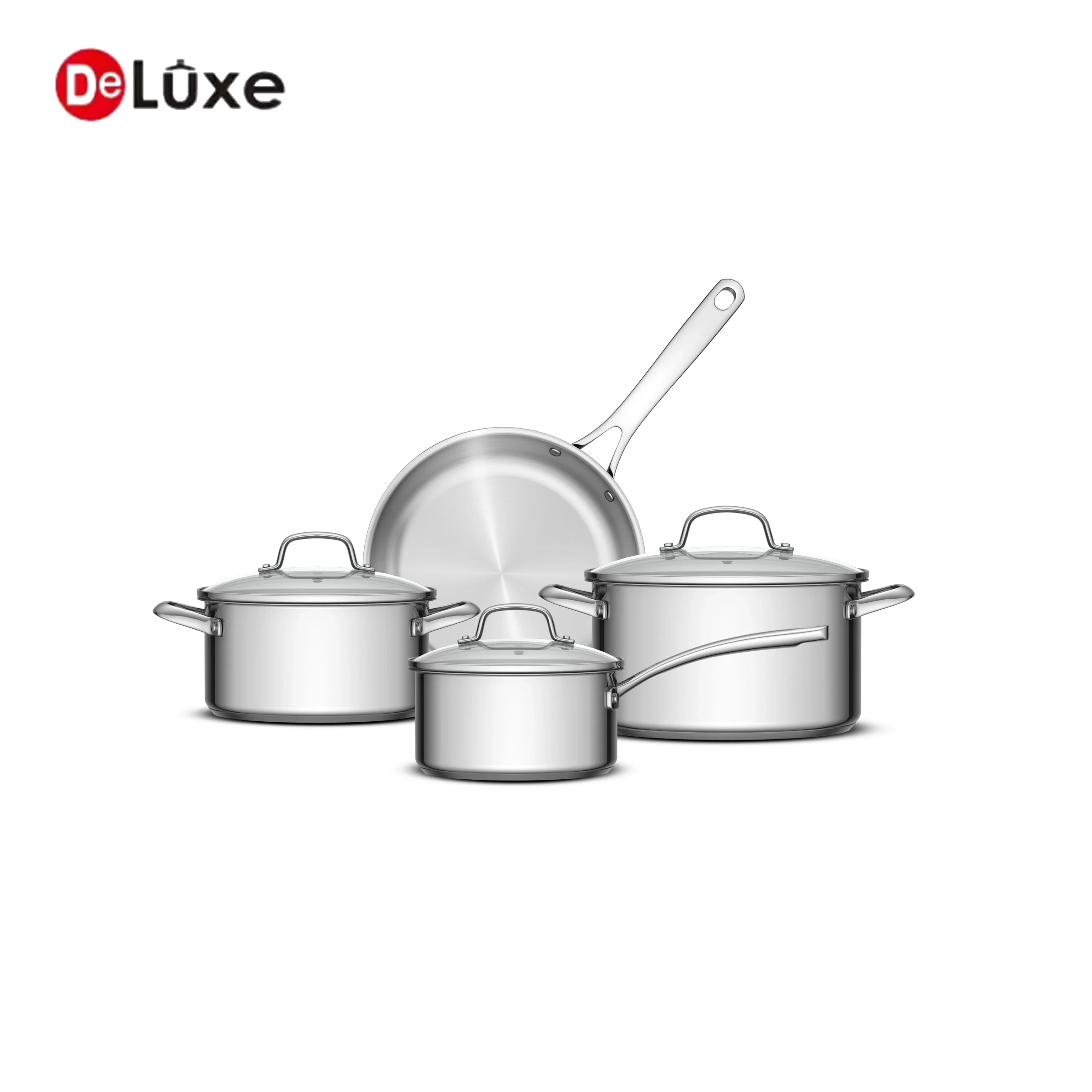 Deluxe 7-Piece Stainless Steel Saucepan Stock Pot Frying Pan Cookware Set with Glass Lids, cast steel handle encapsulated aluminum bottom, suitable for gas and induction cooktops