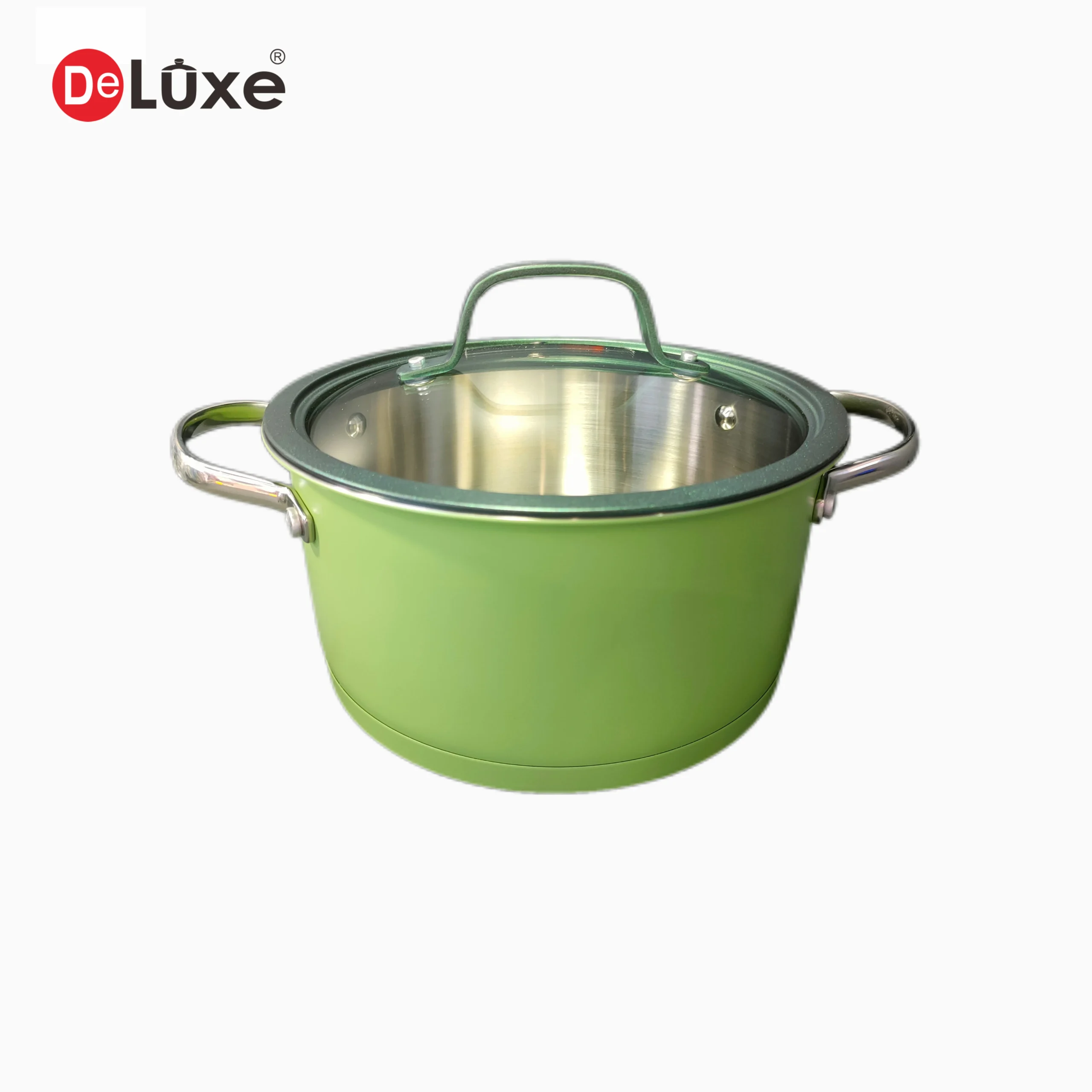 Deluxe straight 304 stainless steel stock pot with green exterior ceramic coating, glass lid and gold PVD cast steel handle