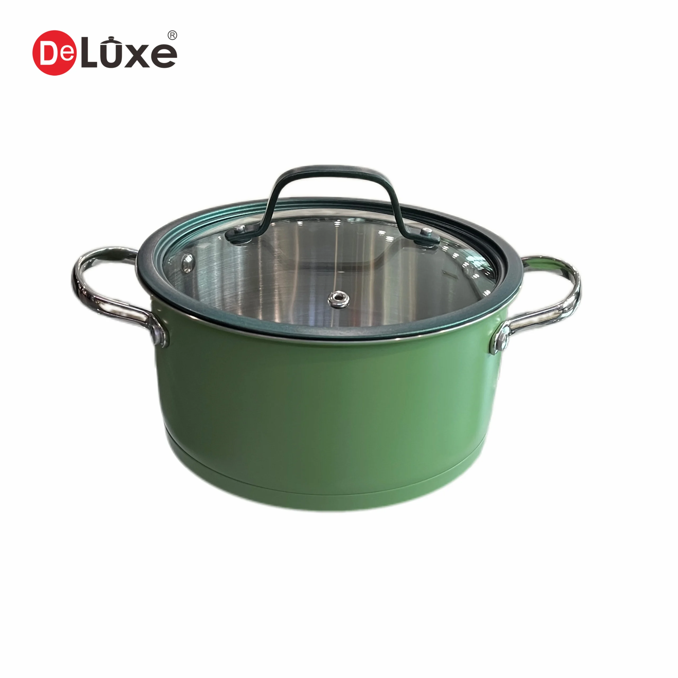 Deluxe green exterior ceramic coated 304 stainless steel stock pot, gold PVD cast steel double handles and tempered glass lid