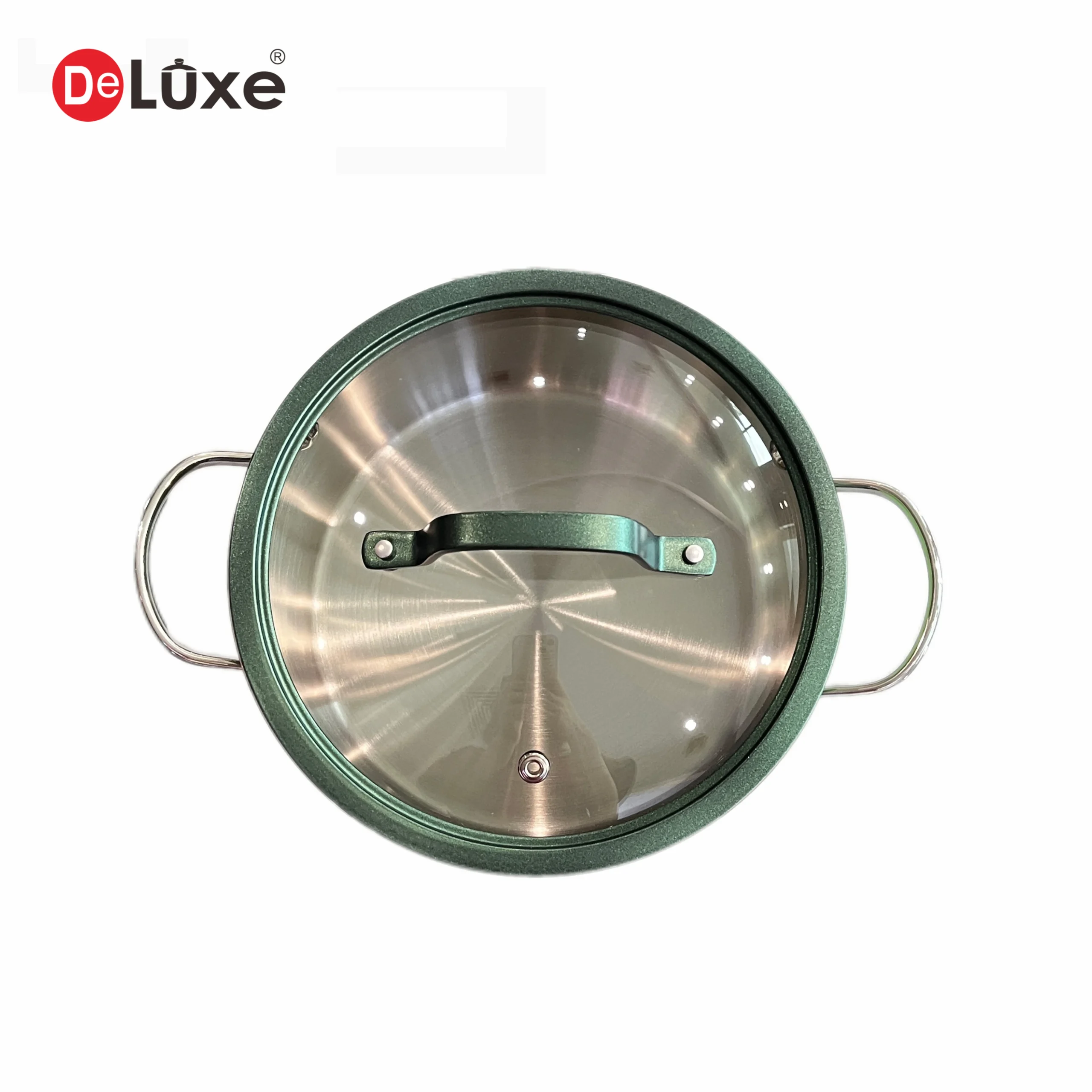 Deluxe top view of 304 stainless steel stock pot, green ceramic coated exterior, tempered glass lid with golden non-stick rim and gold PVD handles