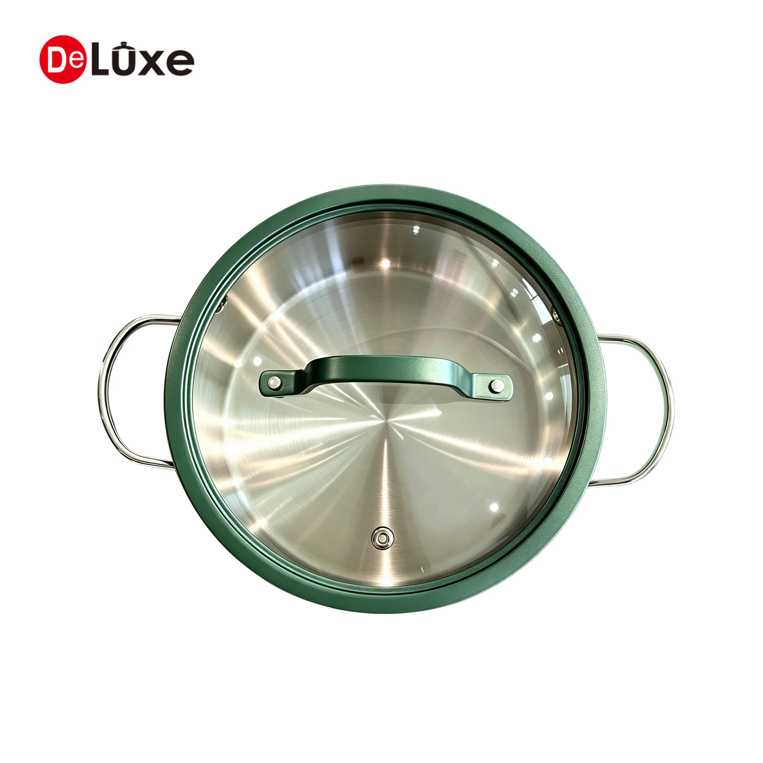 Top view of light green 304 stainless steel stock pot with glass lid