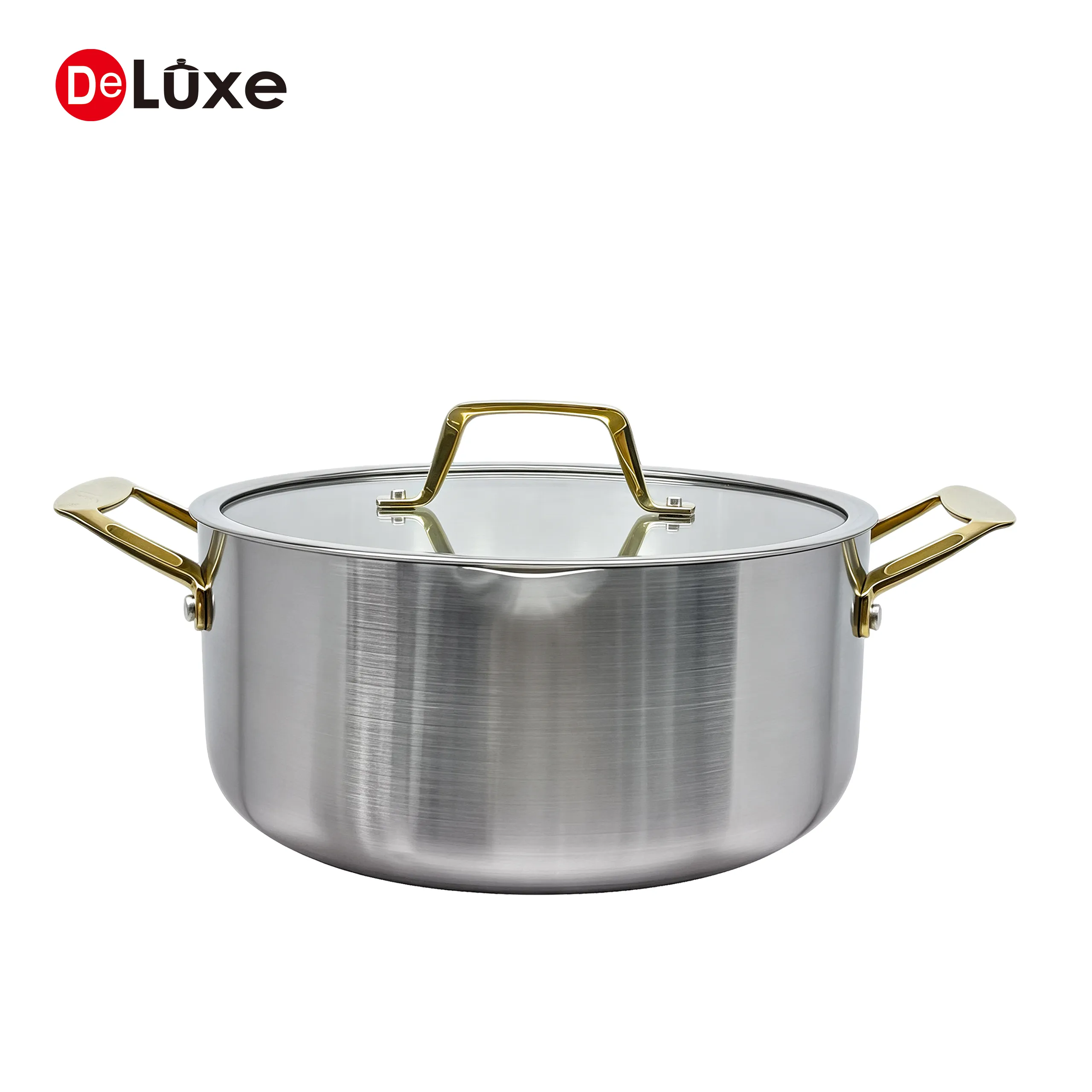 Deluxe 3-ply stainless steel stock pot with glass lid, PVD coated handles