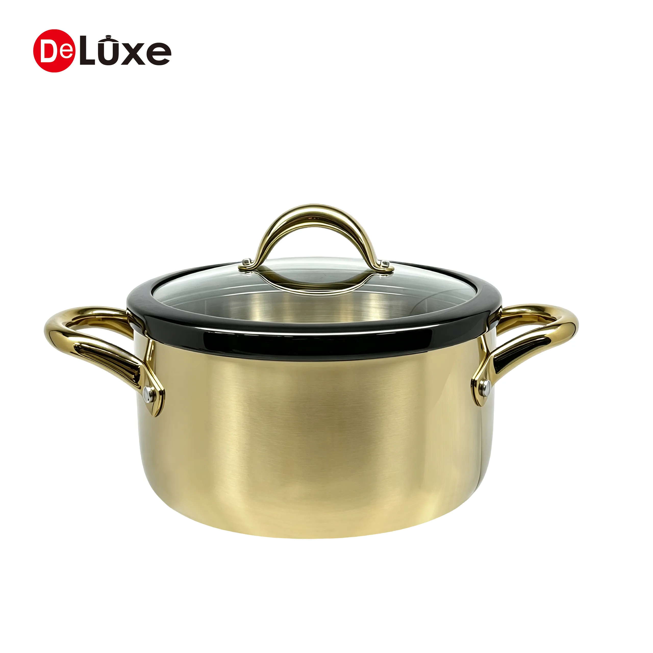 Front view 3-ply stainless steel stock pot, champagne PVD and glass lid