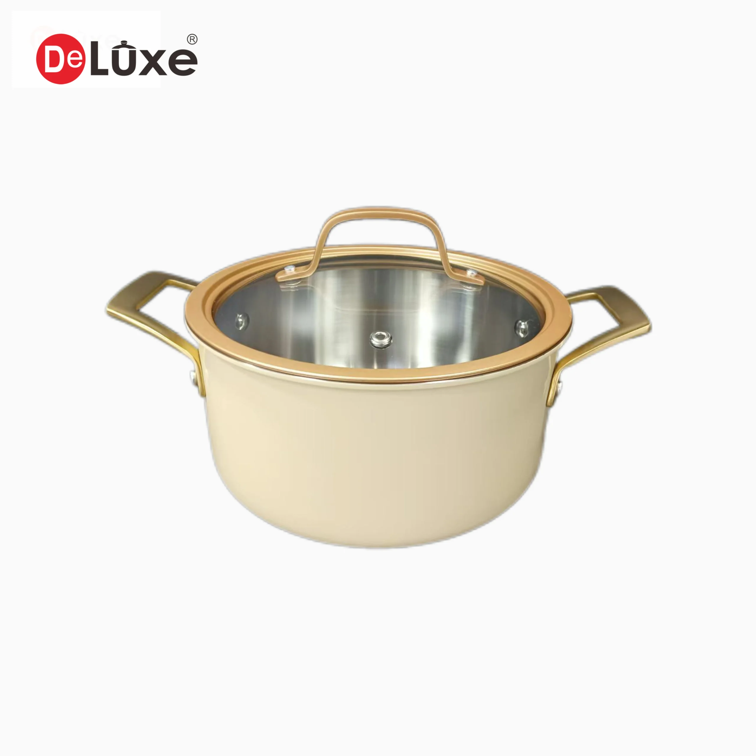 Deluxe 2.5mm 3-ply straight stainless steel stock pot with light yellow exterior ceramic coating, glass lid and gold PVD cast steel handle